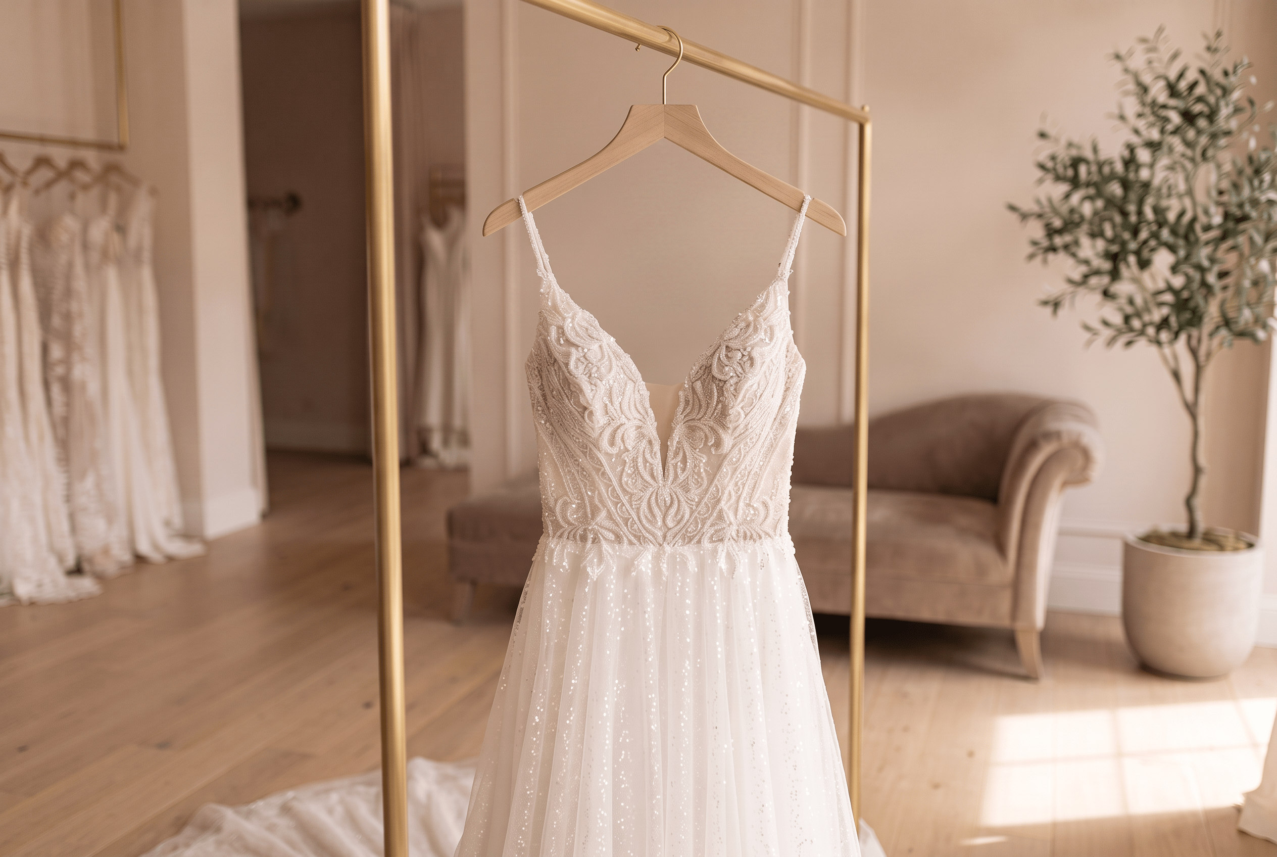 Elegant white wedding dress with beaded bodice and sequined tulle skirt hanging on gold rack.
