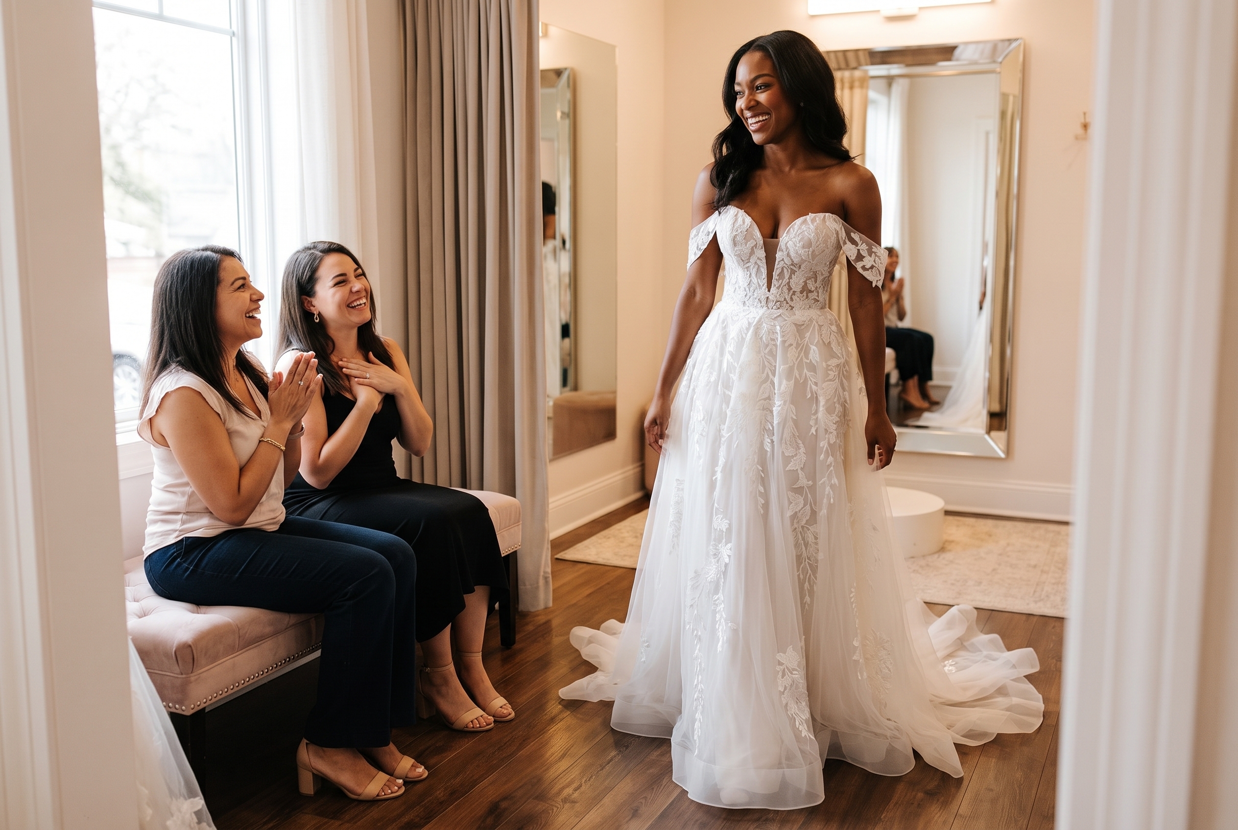 Smiling bride in white lace wedding dress with two women sitting and applauding her.