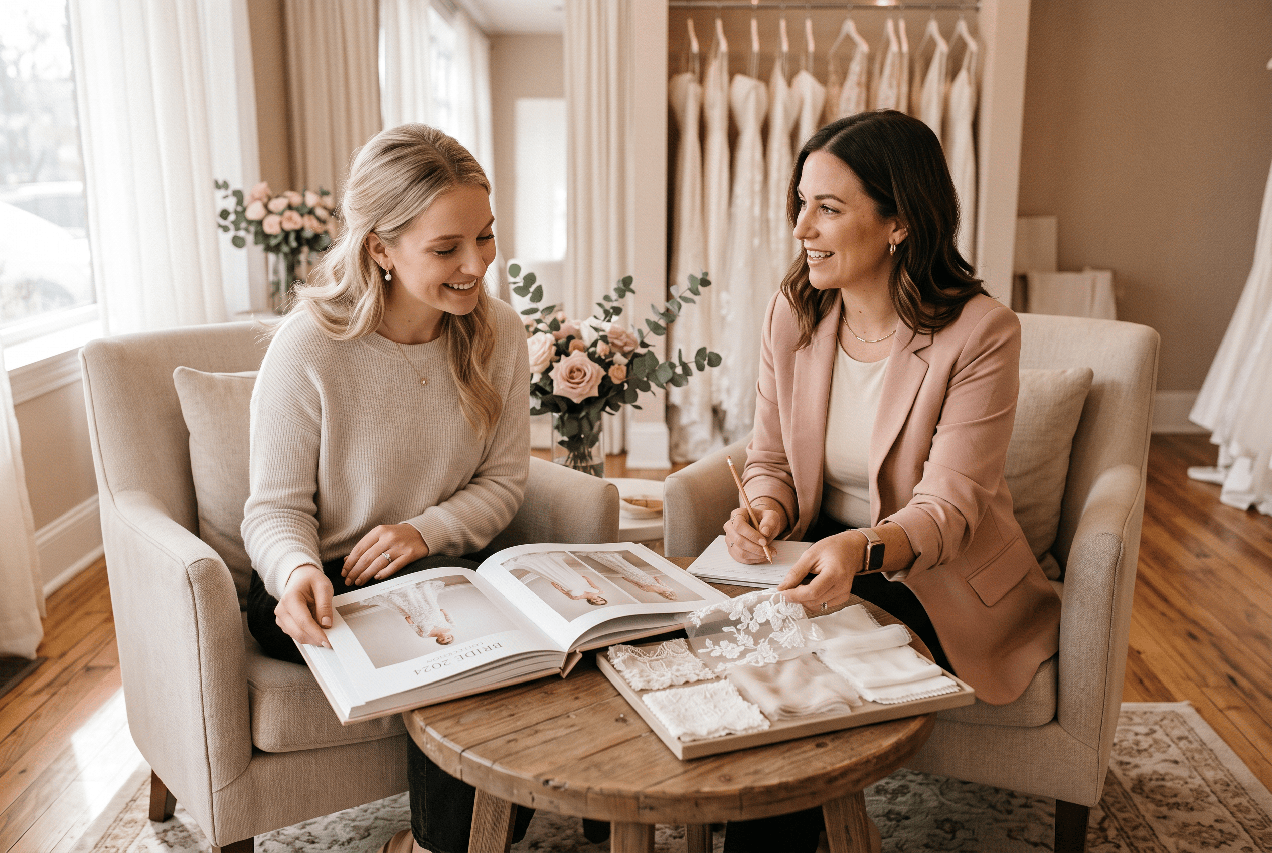 Two women smiling while reviewing bridal gown designs in a boutique with dresses hanging in background.