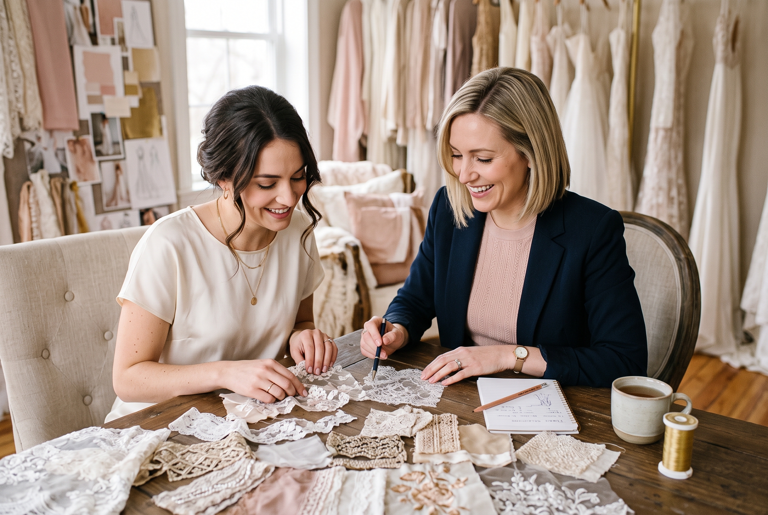 Two women smiling and examining lace fabric samples at a table in a bridal dress studio.