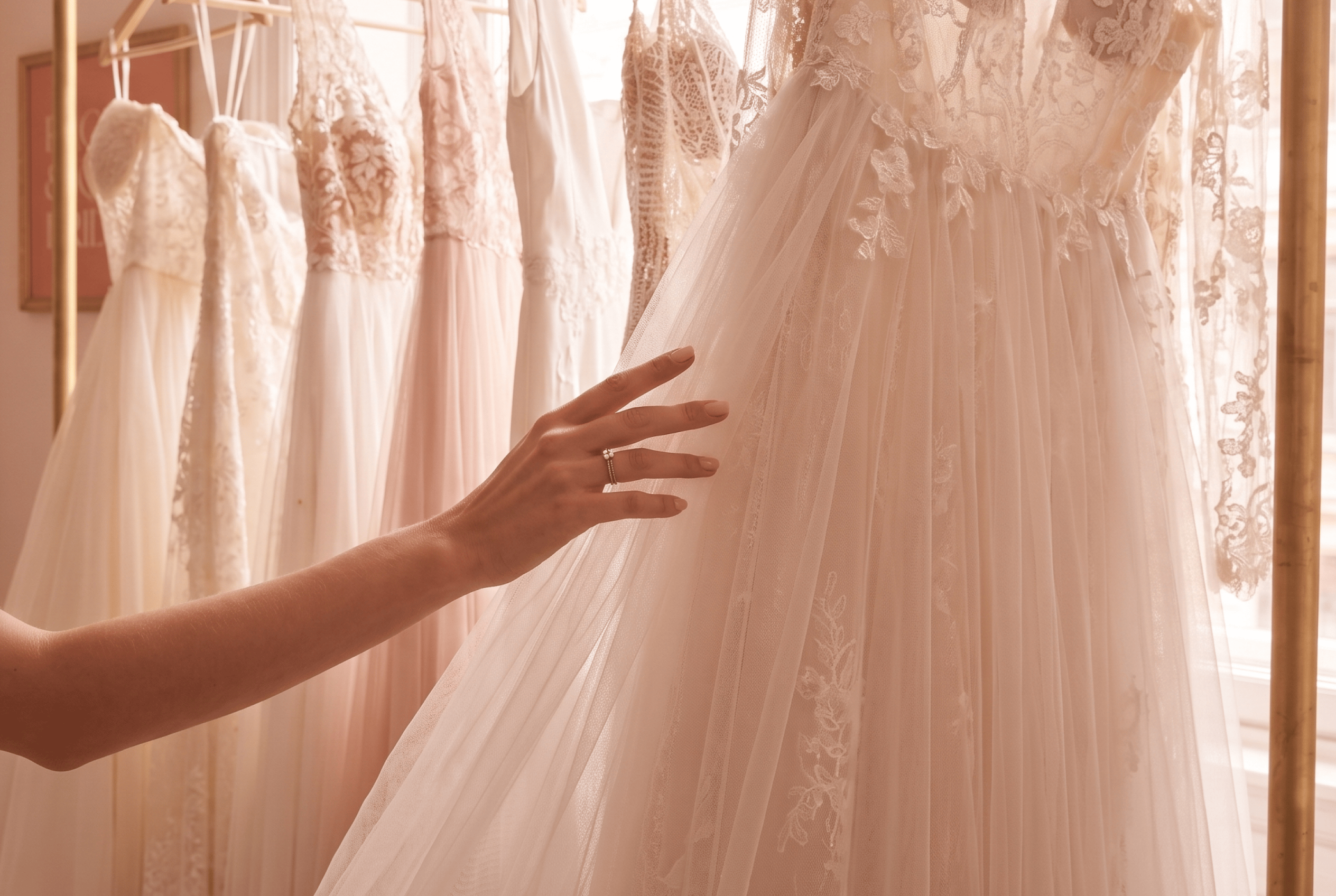 Hand with ring touching tulle fabric of lace wedding dress among several hanging bridal gowns.