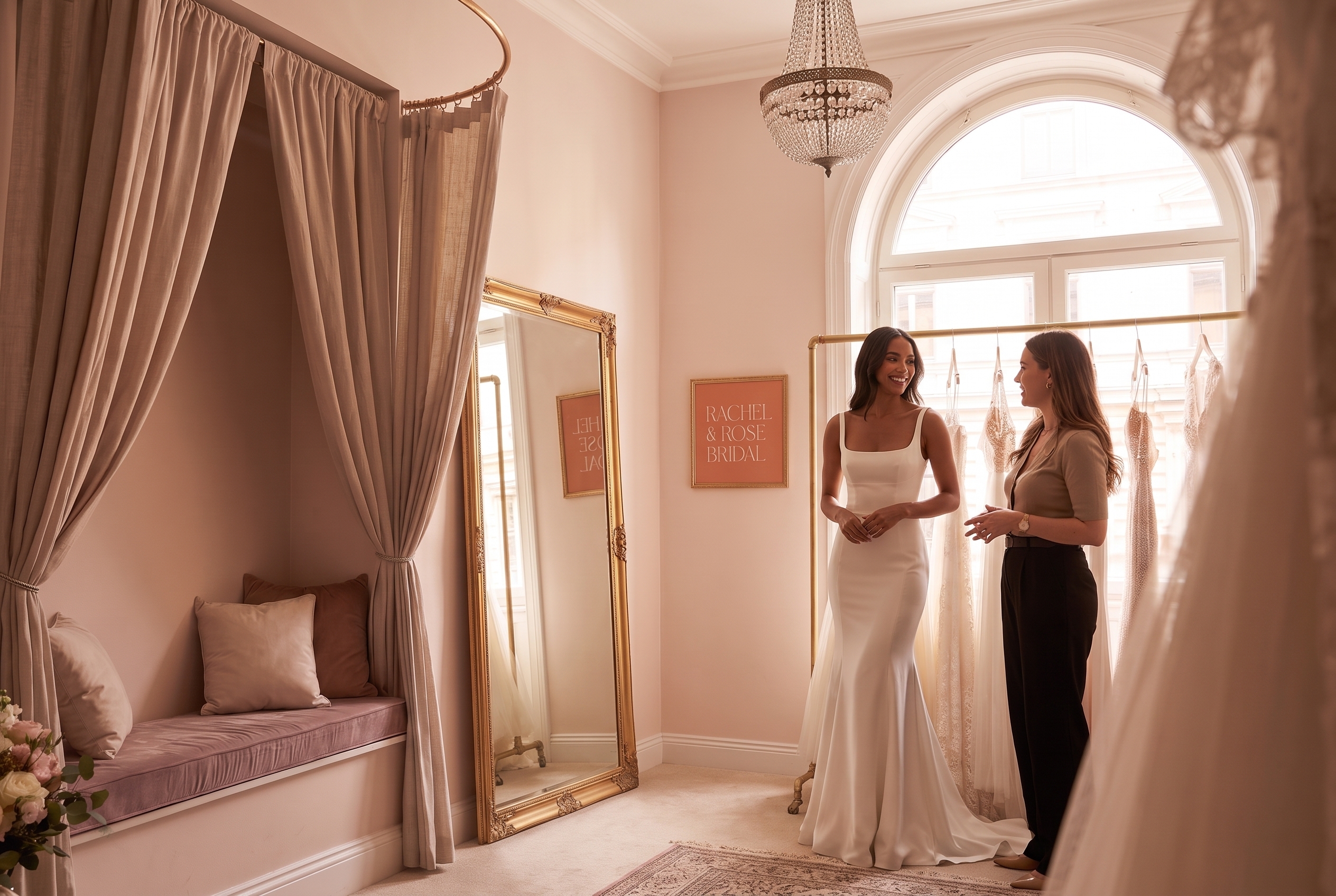 Bride smiling in a white gown consulting with a woman in a bridal boutique with dresses on display.