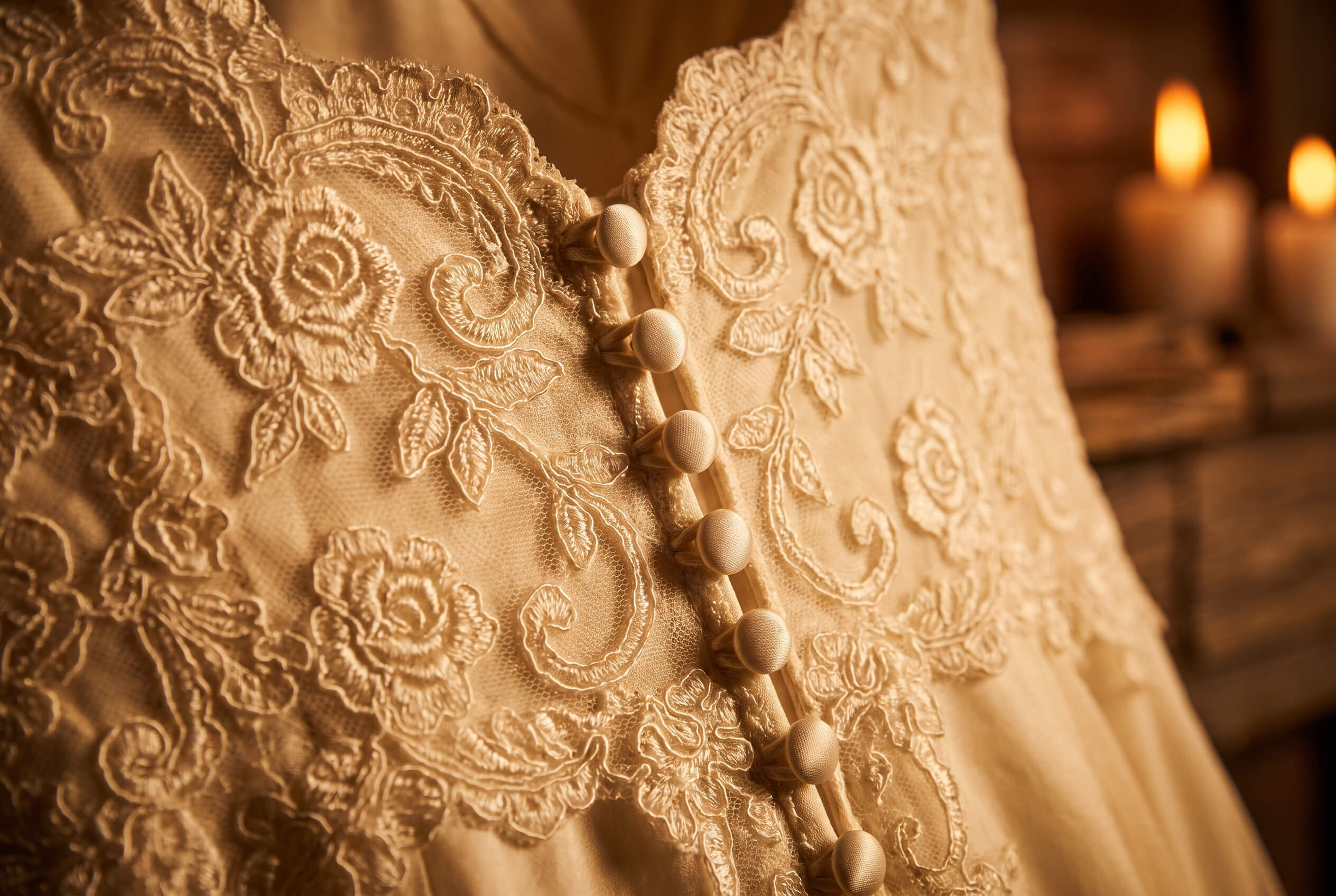 Close-up of lace fabric with floral embroidery and fabric-covered buttons on a beige garment.