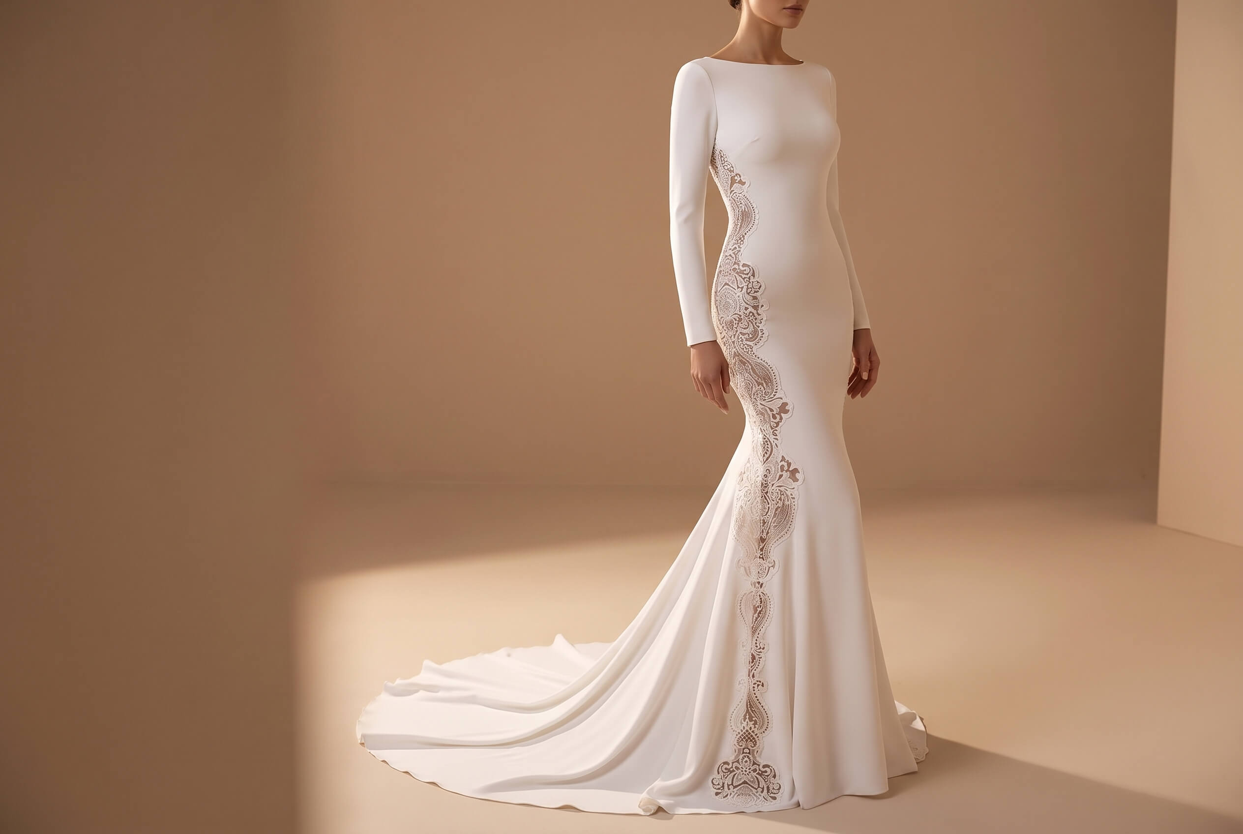 Woman in elegant white fitted gown with lace side detailing and long train on beige background.