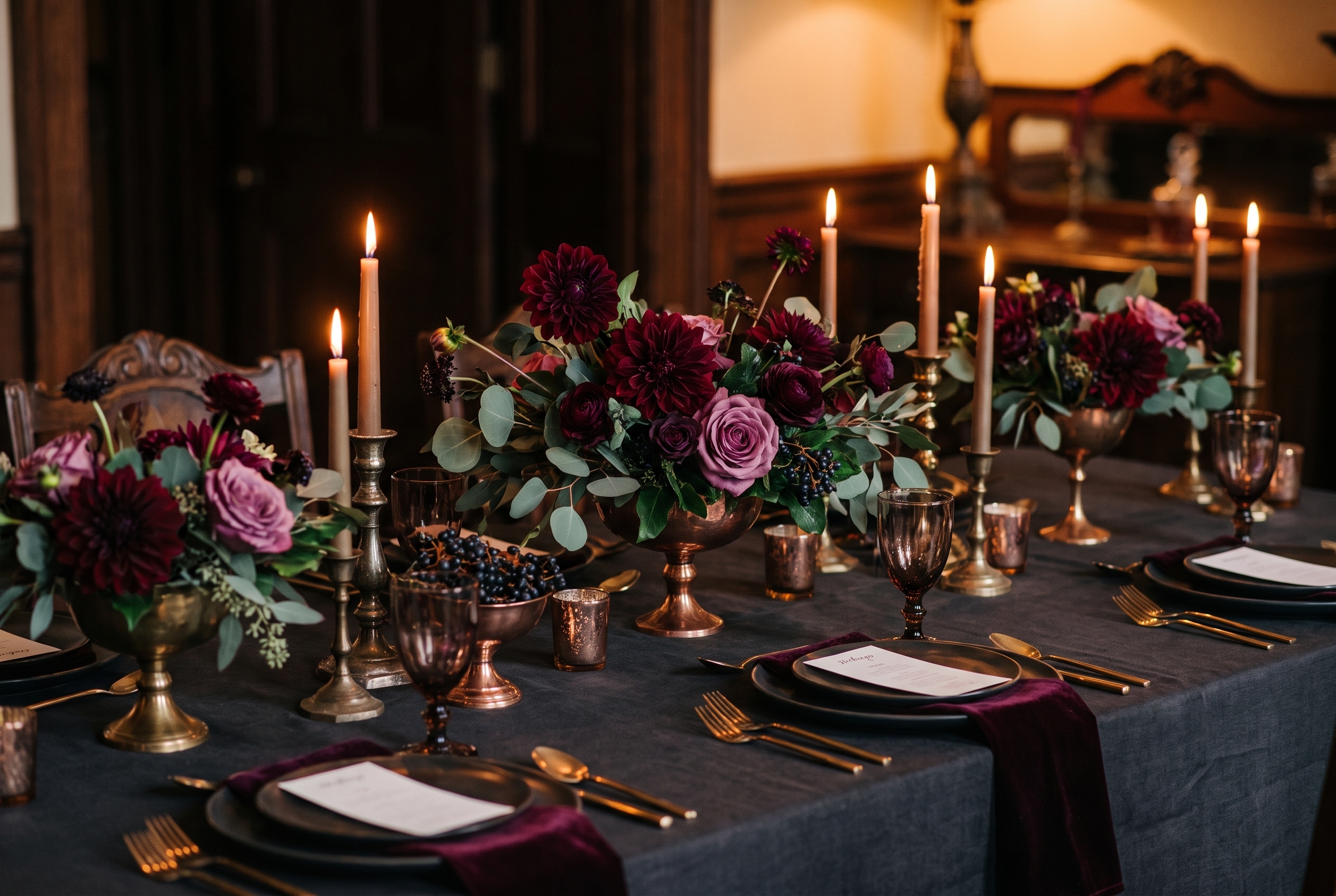 Elegant dining table with dark gray tablecloth set with black plates, gold flatware, purple napkins, and dark tinted glasses, decorated with brass candle holders holding lit candles, and floral centerpieces featuring deep red and purple flowers with green leaves in bronze vases.