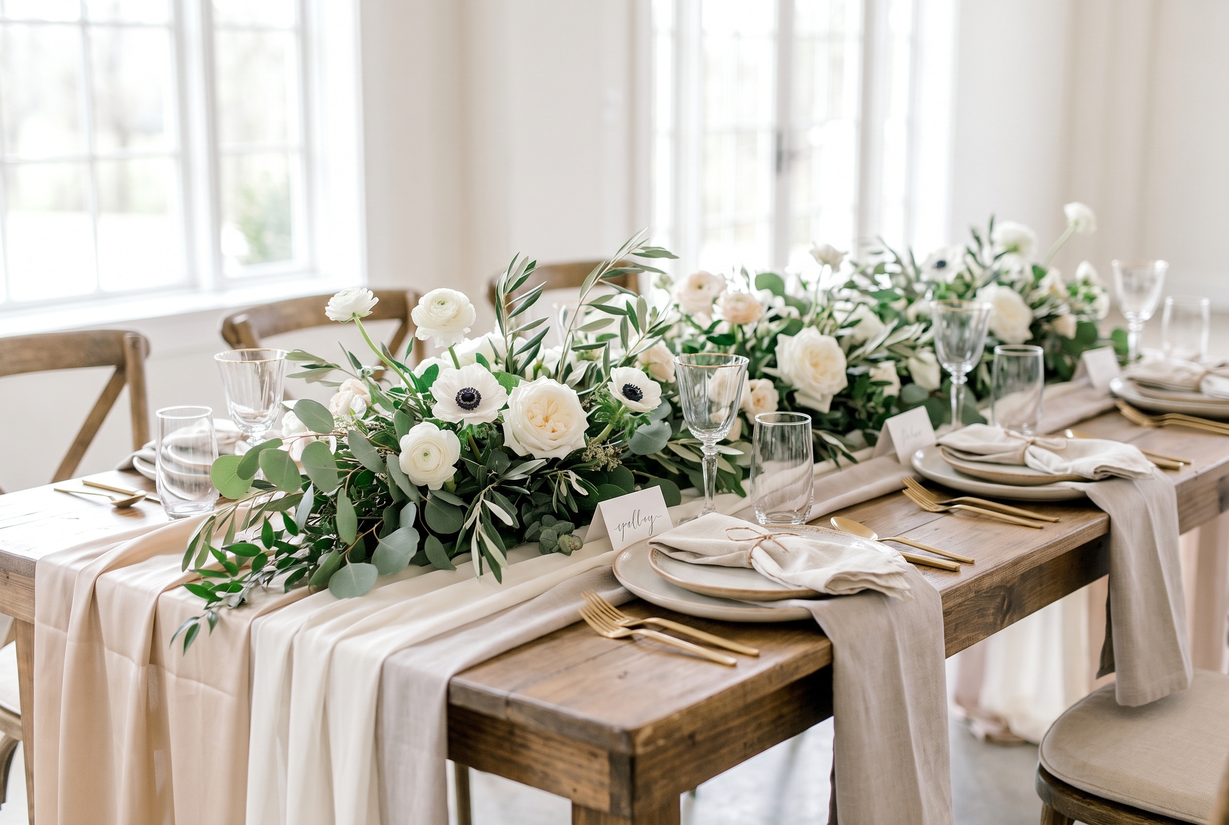 Rustic wooden dining table set for a formal event with soft beige and cream table runners, neatly folded napkins tied with twine on ceramic plates, golden flatware, clear glassware, and a lush centerpiece of white roses, anemones, and greenery extending along the table's length, illuminated by natural light from large windows.