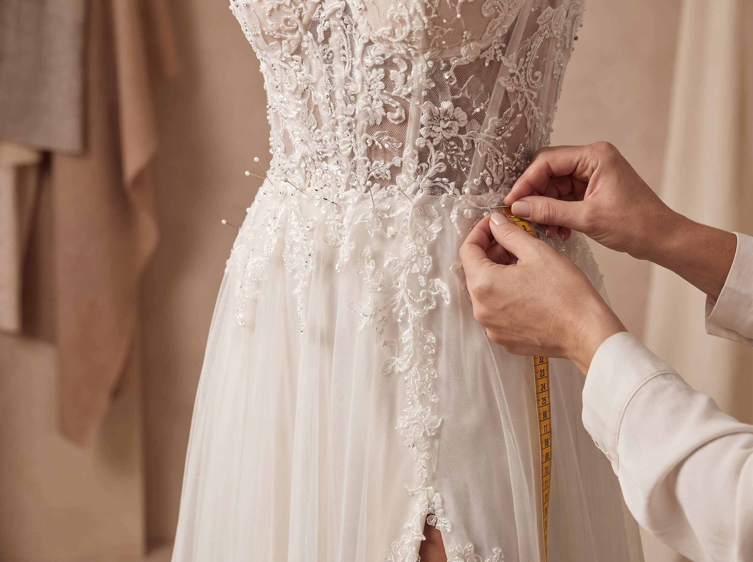 Close-up of a person measuring and pinning the waist of a white lace wedding dress on a mannequin or wearer, with intricate floral embroidery and tulle fabric.