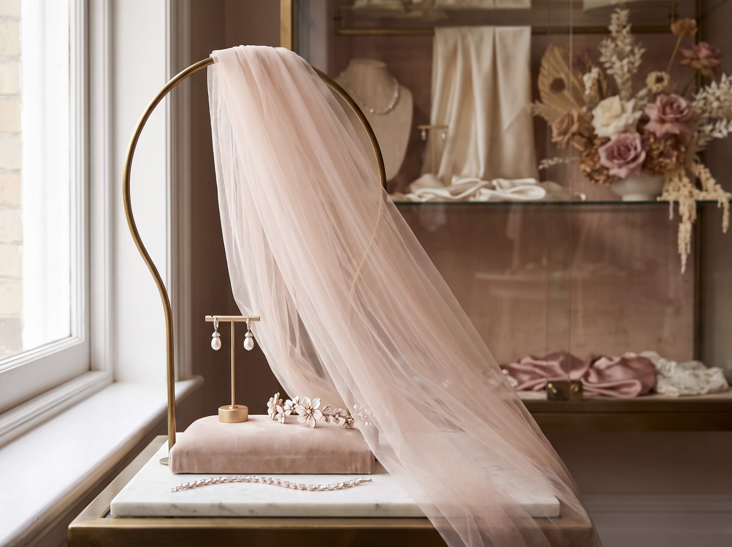 Delicate light pink bridal veil draped over a curved gold stand next to pearl drop earrings on a display and a floral hair accessory on a soft cushion, with a pearl bracelet laid on a marble surface, set near a window with soft natural light and a blurred background featuring fabric and floral decor.