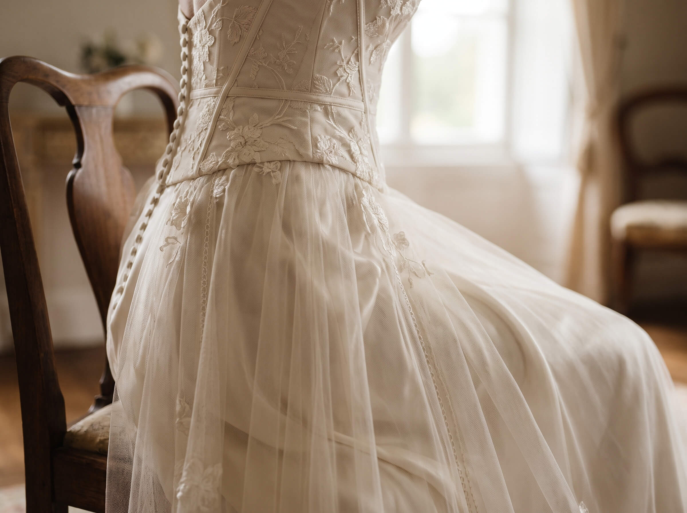 Close-up of the back of a white lace wedding dress with buttons running down the bodice, draped over a wooden chair in a softly lit room.