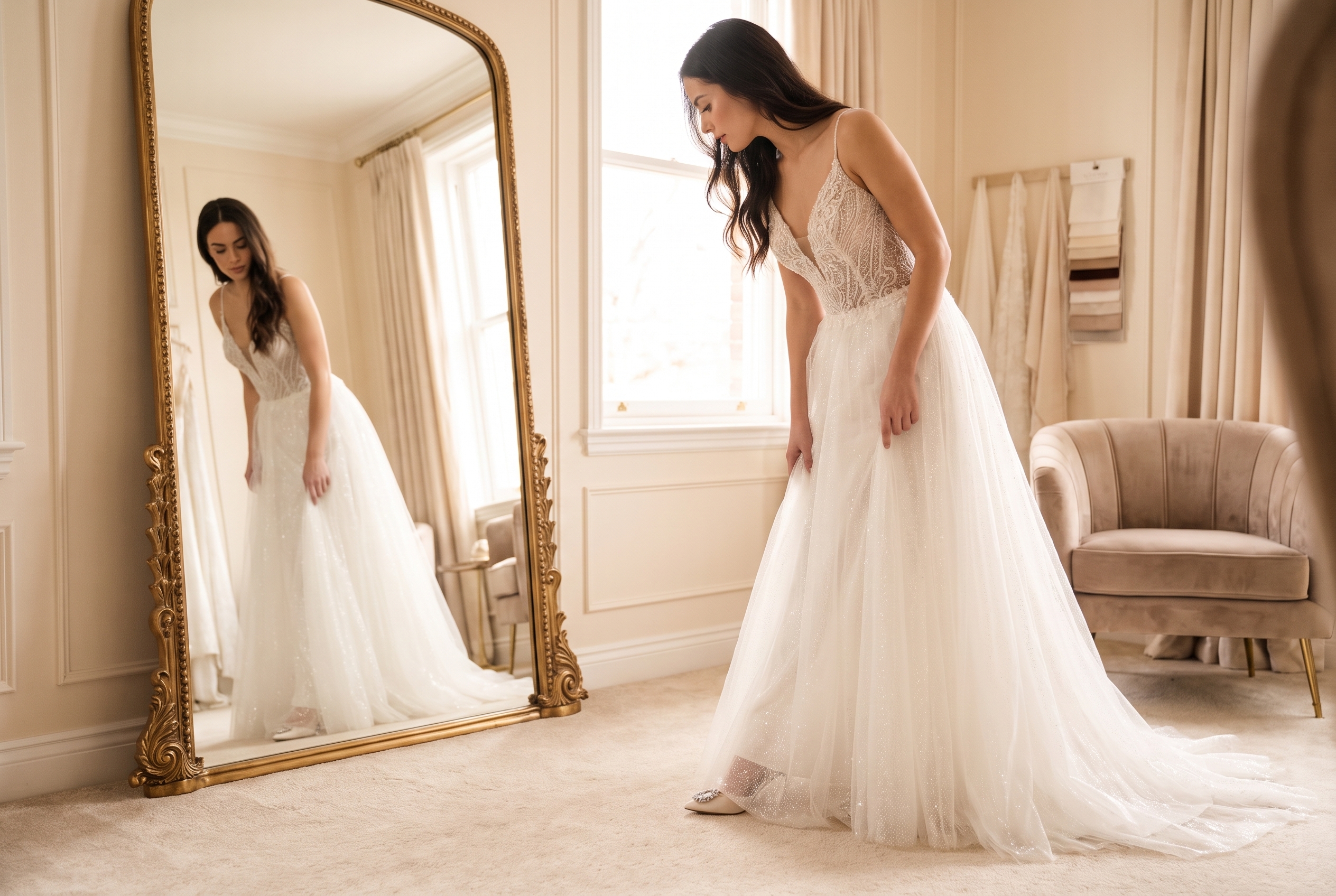 A woman in a white lace and tulle wedding dress looks down while standing in front of a large ornate gold-framed mirror in a softly lit room with beige walls and curtains.