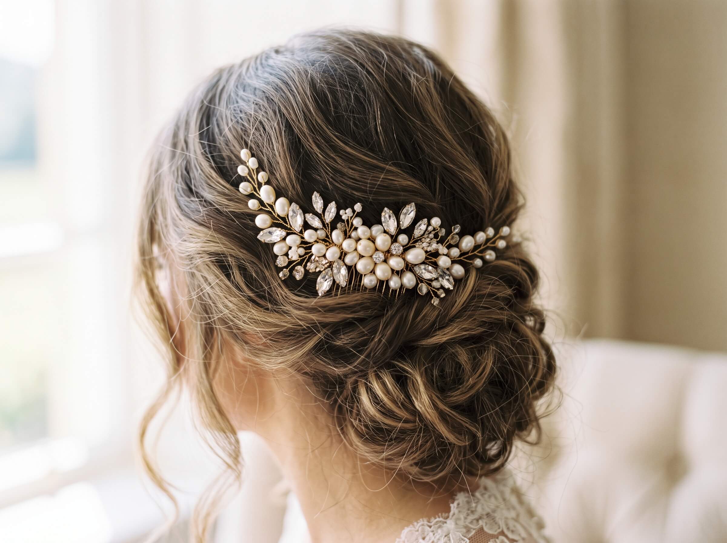 Close-up of a woman's styled updo hair adorned with an elegant hair accessory featuring pearls and crystal-like decorations.