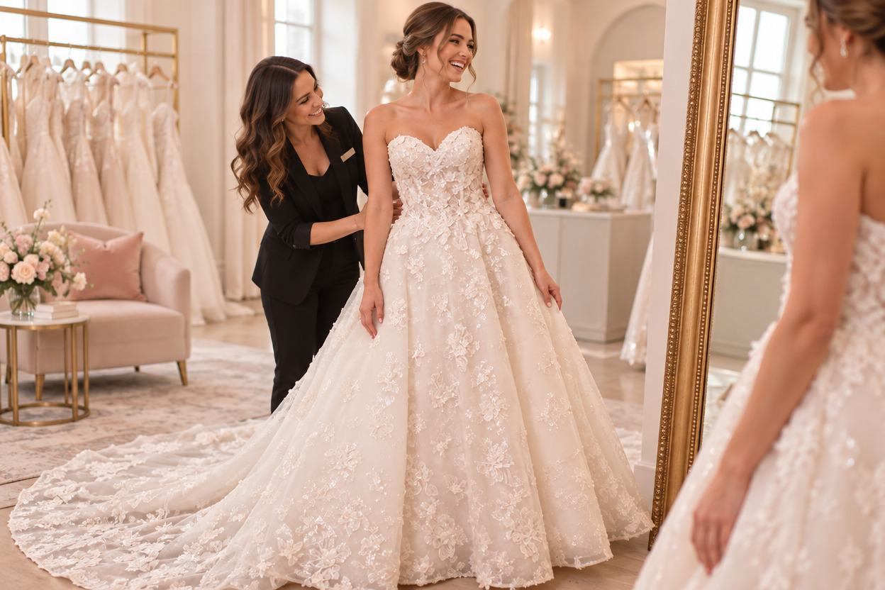 Bride smiling while trying on an elegant strapless lace wedding dress with a long train in a bridal boutique, assisted by a consultant in black attire, with wedding gowns and floral arrangements visible in the background.