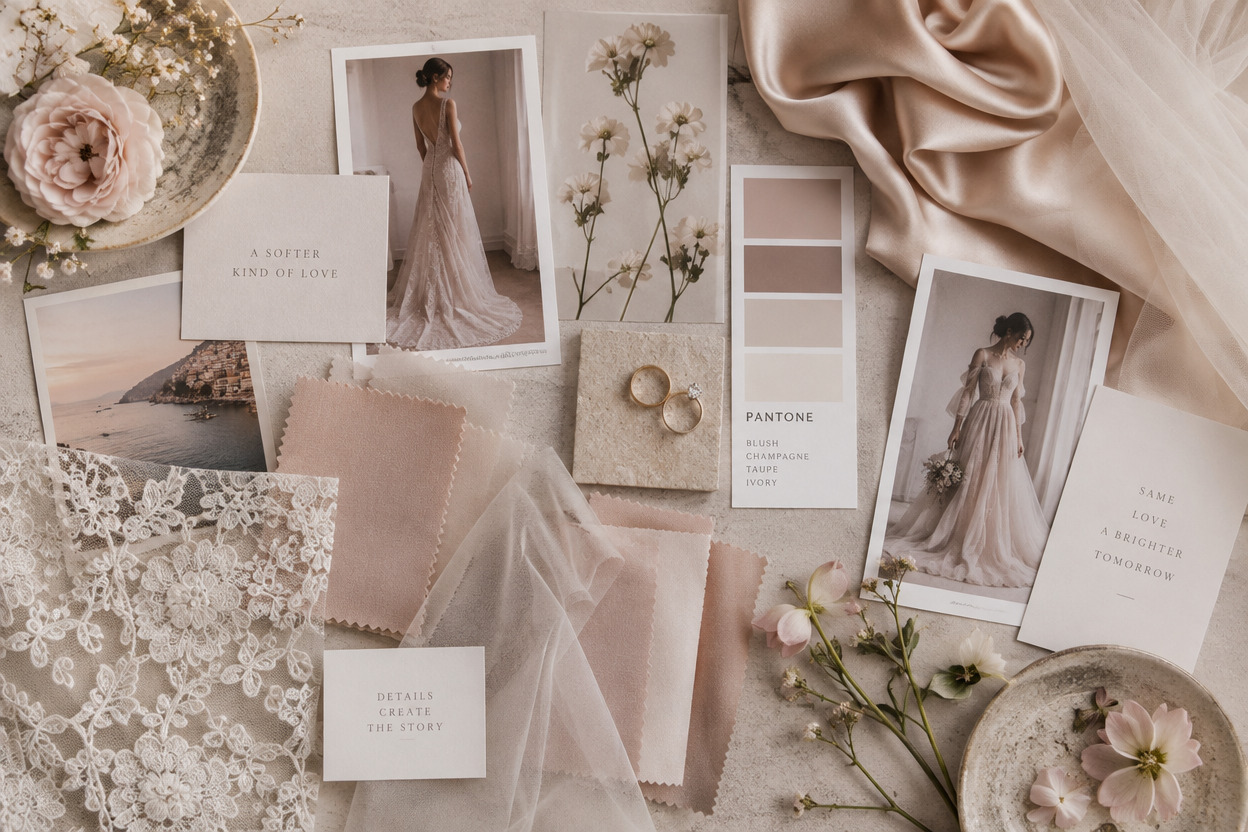Flat lay of wedding inspiration items including swatches of pink, beige, and ivory fabric, two wedding dresses photos, dried flowers, Pantone color card, gold wedding rings on beige tile, lace fabric, cards with phrases like 'A softer kind of love' and 'Details create the story', and soft satin and tulle fabrics, all in muted blush and champagne tones.