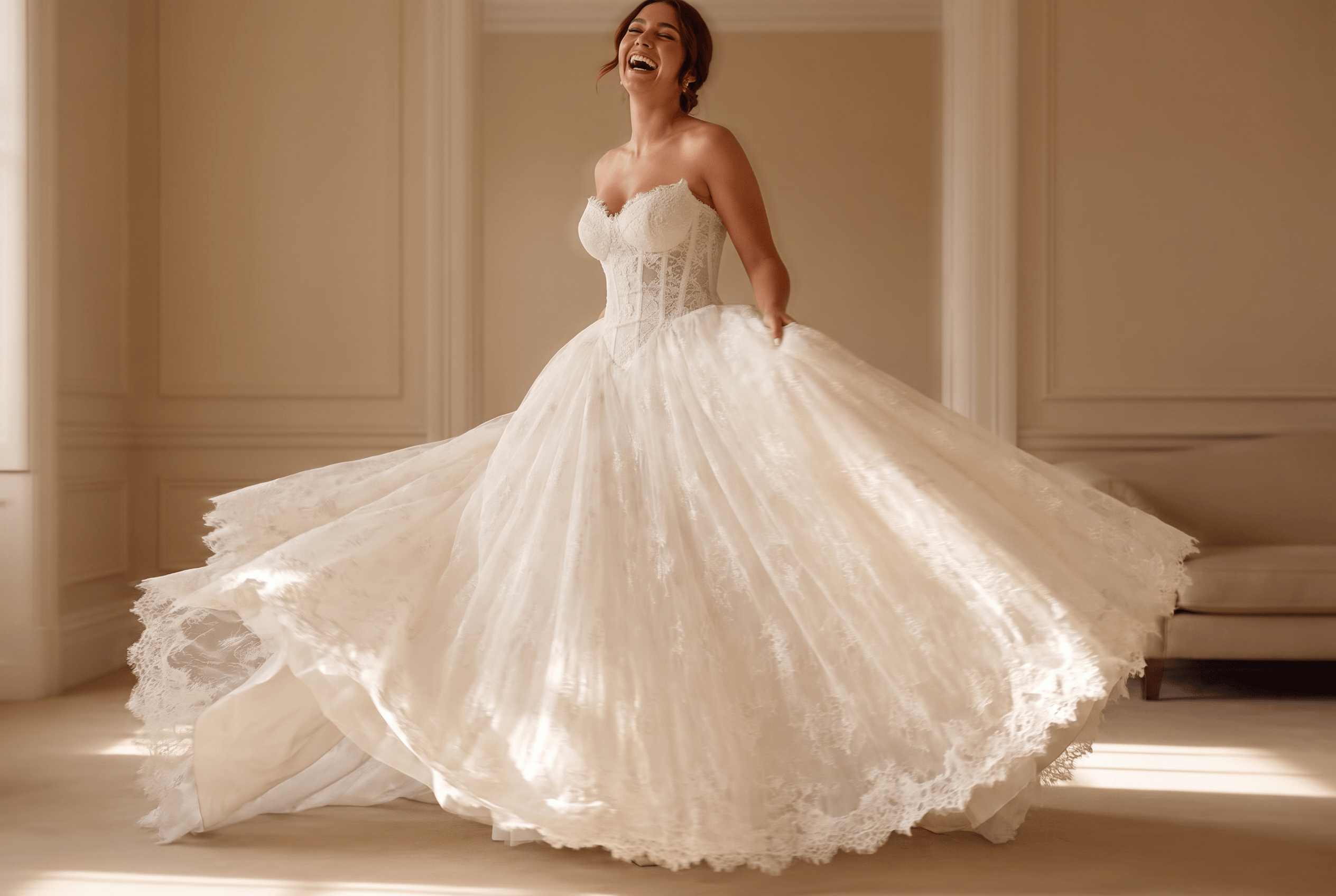 Woman joyfully twirling in an elegant white strapless lace wedding gown with a full skirt in a softly lit room with classic beige walls and a sofa in the background.