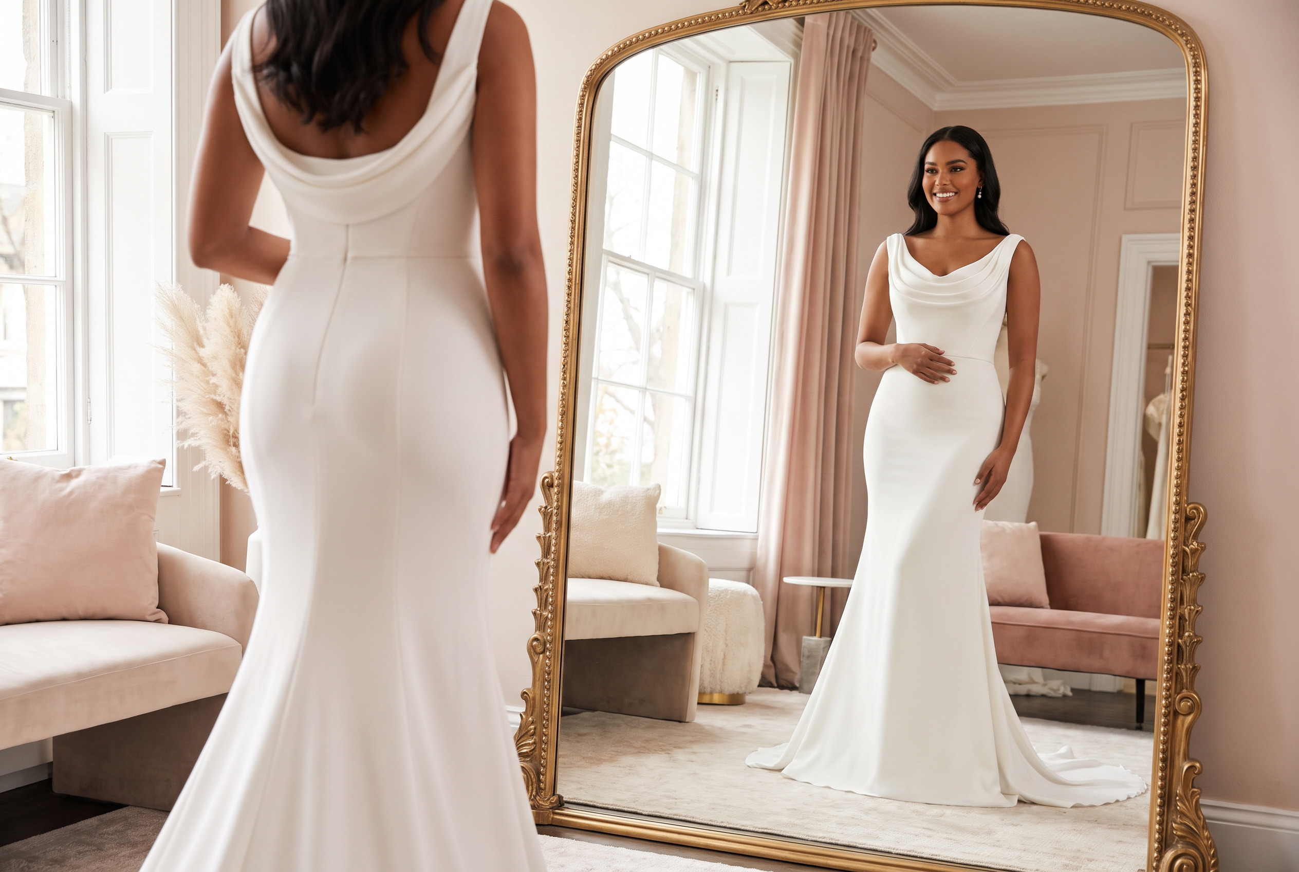 A woman in a sleek, sleeveless white wedding gown with a draped neckline stands smiling in front of a large ornate mirror in a softly decorated room with blush and beige furniture.