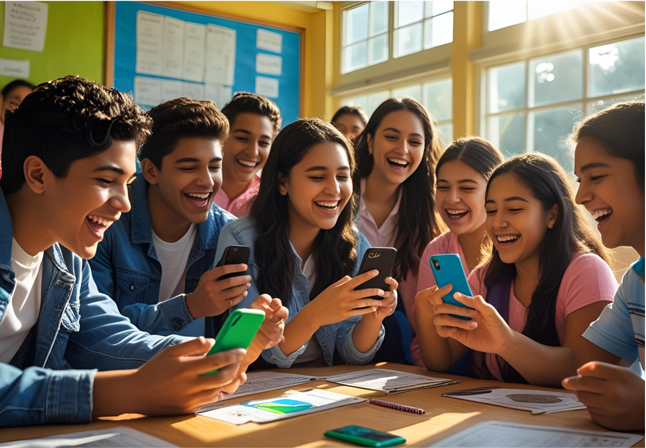 Jovenes viendo aplicacion digital en telefonos