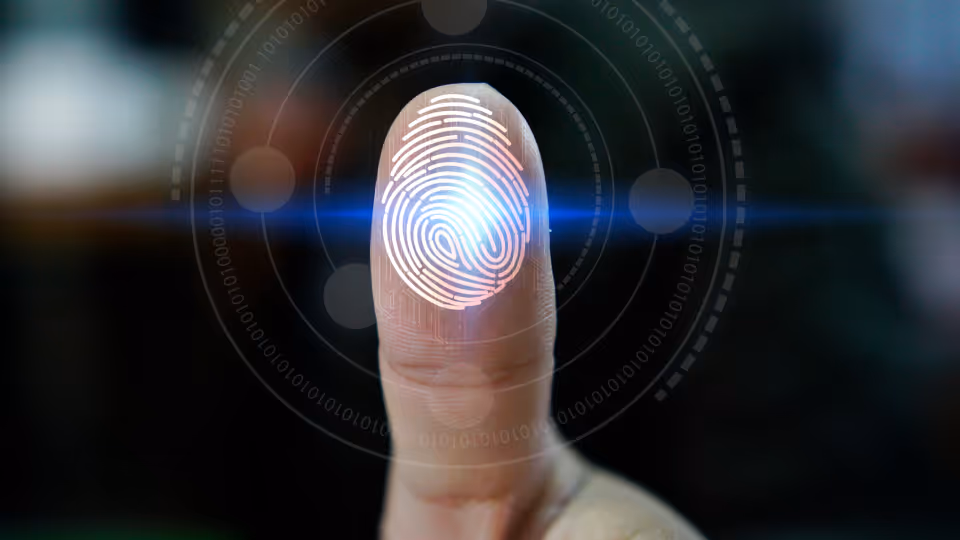 A biometric system reads a thumb fingerprint