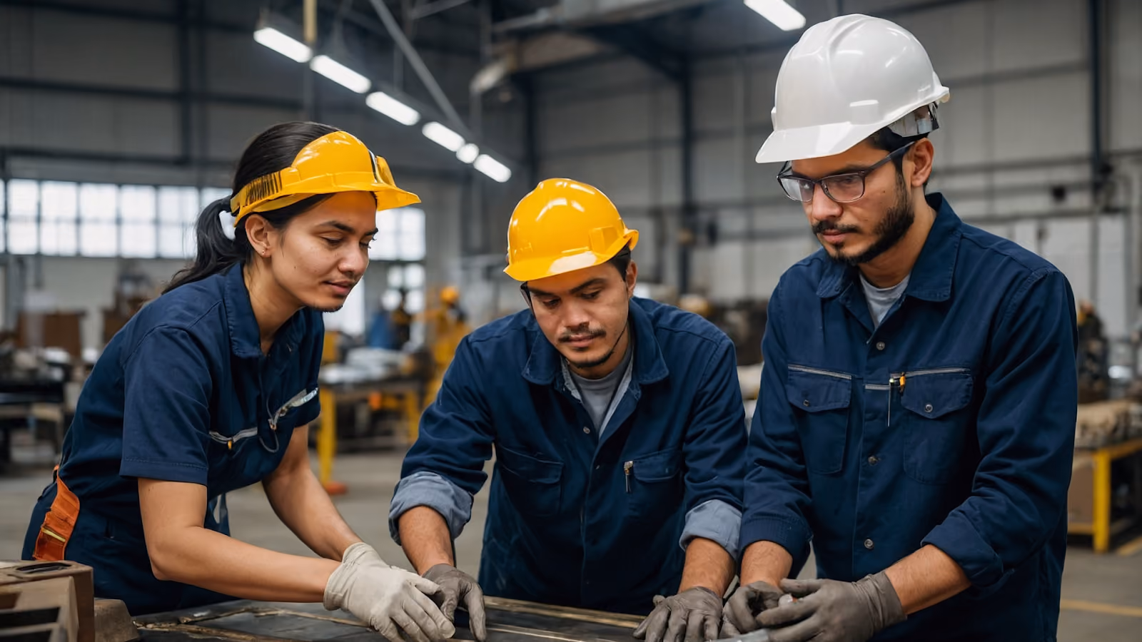 Three workers work over a metal surface in a factory environment.