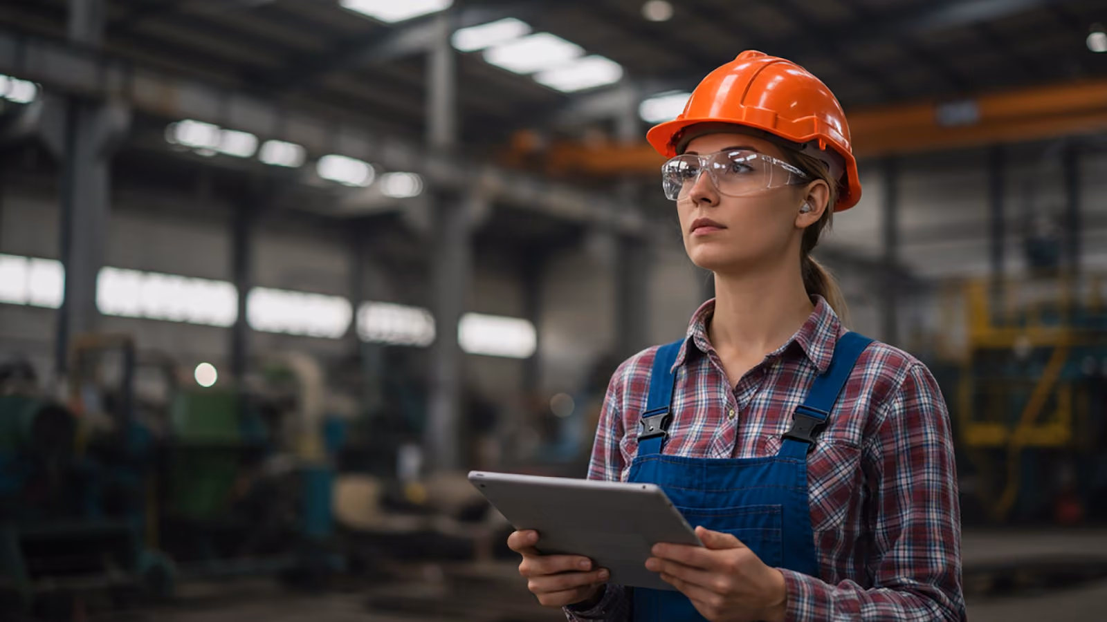 A frontline worker reviews time and overtime alerts on a tablet as part of an overtime management control system.