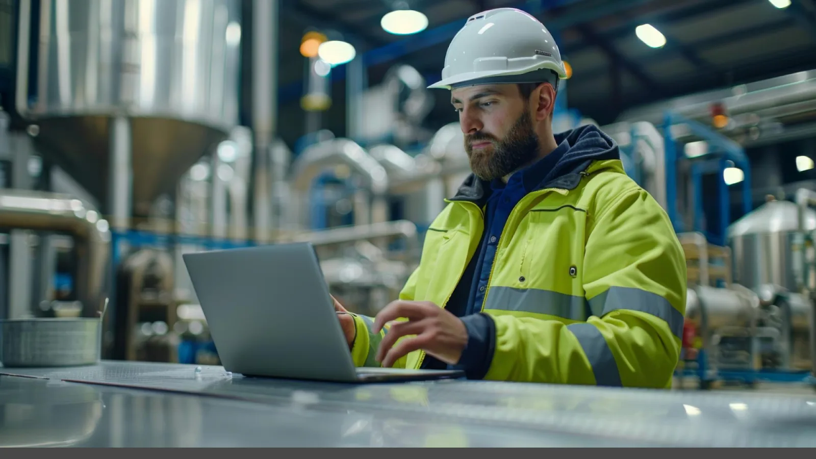 An engineer uses a laptop in an industrial setting to apply effective workforce management across multiple locations.