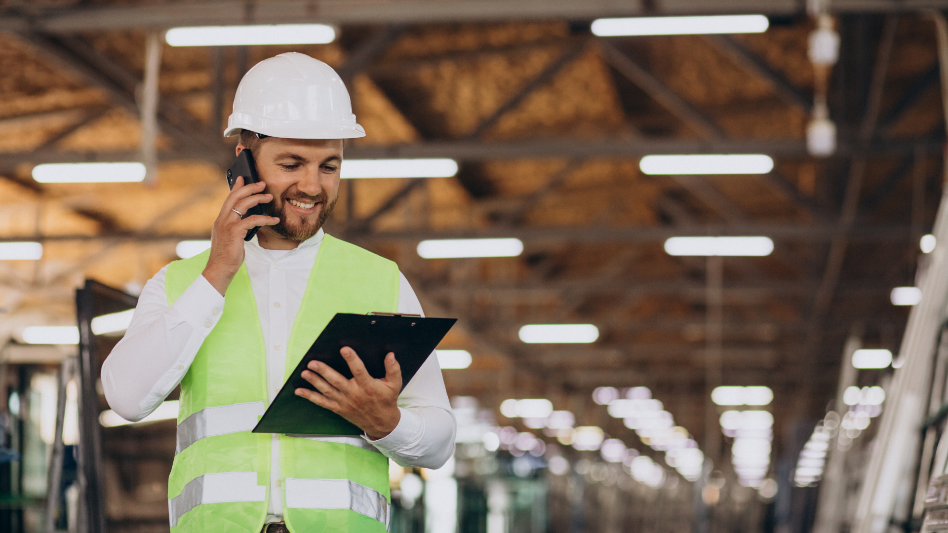 Site supervisor in a hard hat checking a clipboard while on a phone call at a job site.