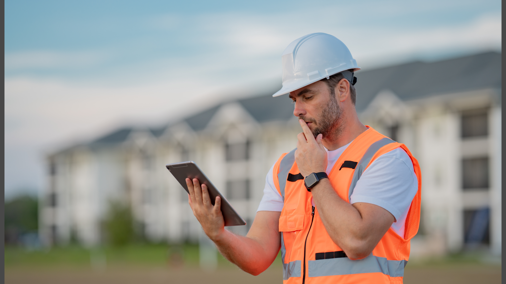 Construction worker in a safety vest reviewing a tablet, thinking it over at a build site.