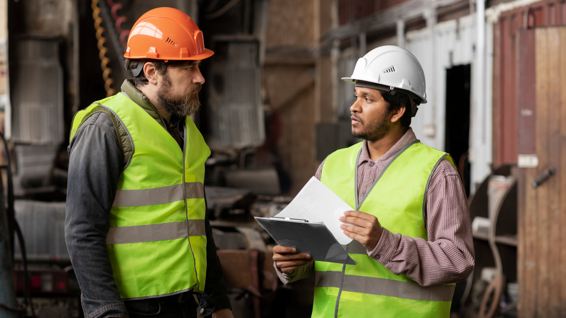 Two construction workers in hard hats discussing a clipboard and papers on site.