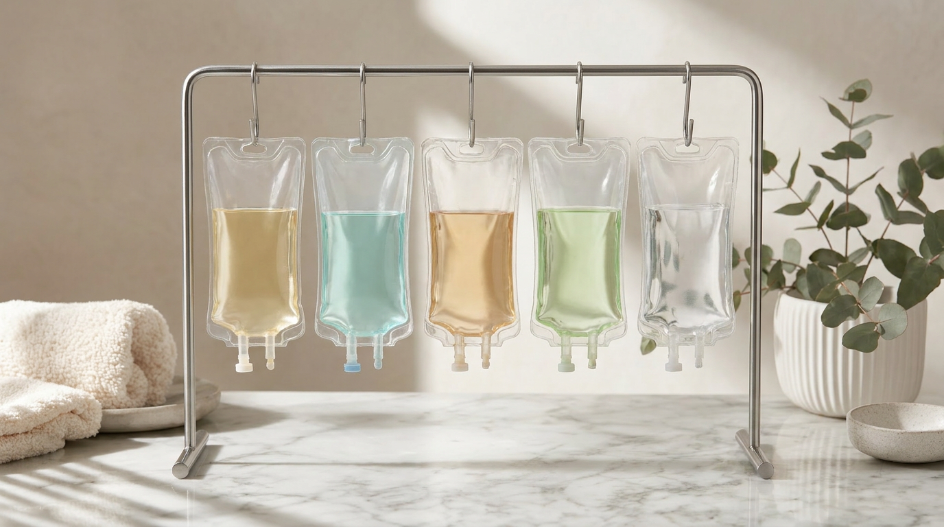 Five IV fluid bags on a stand representing RevitalIV's most popular IV treatments