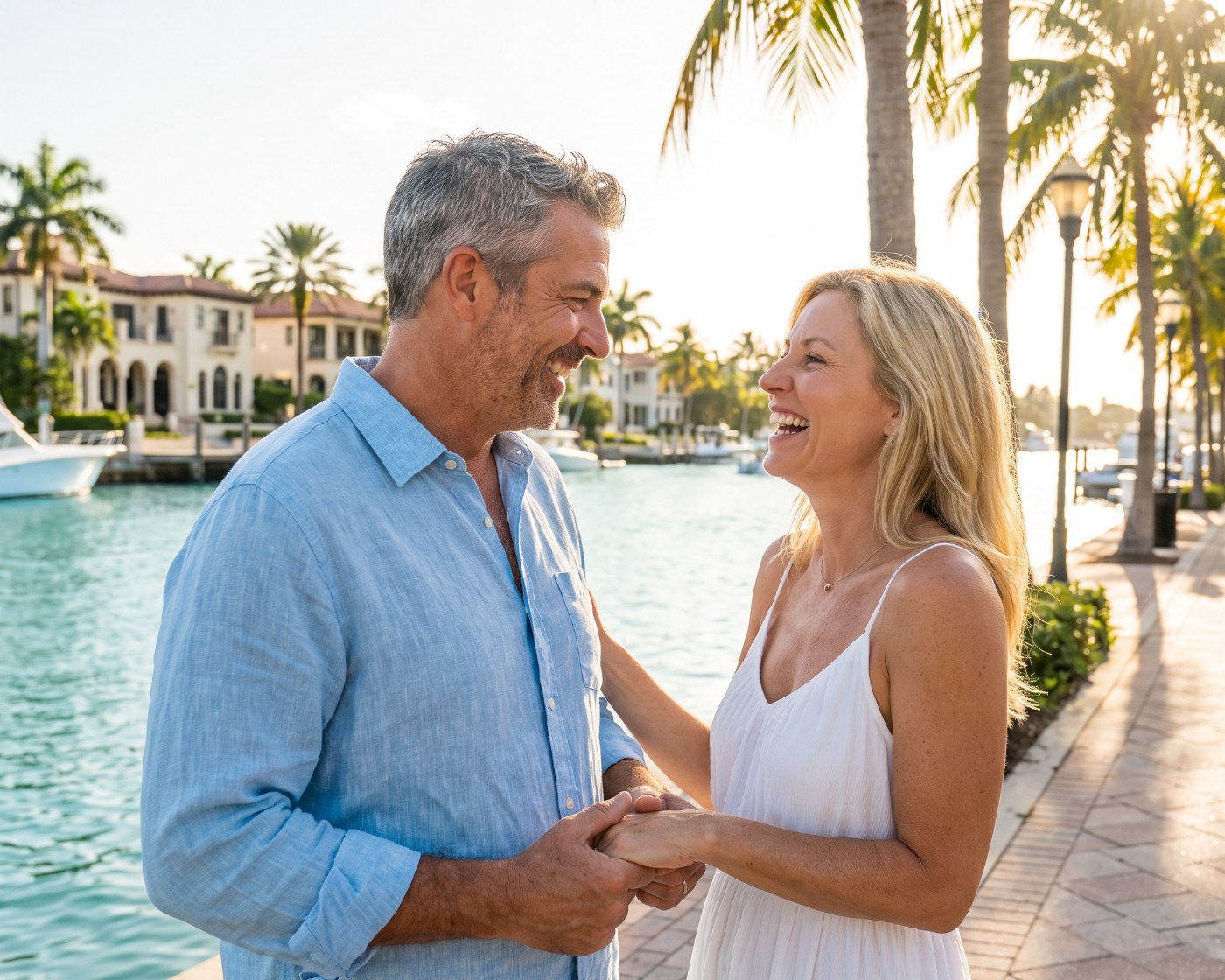 Couple in their late 40s laughing together on the Jupiter, FL waterfront, representing PT-141 peptide therapy patients at RevitalIV