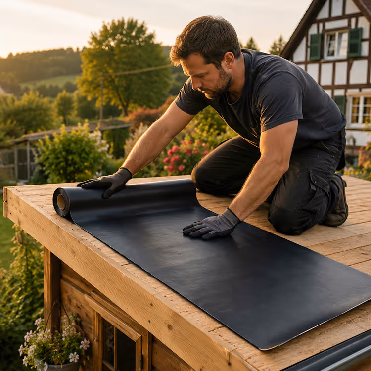 Selbstklebende EPDM-Abdichtungsbahn wird auf einem Holzdach verlegt