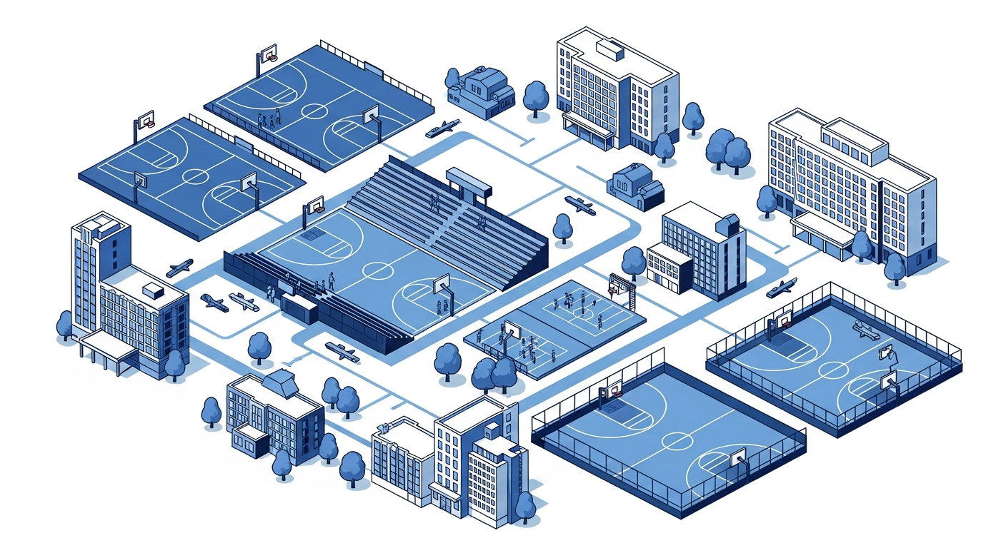 A bird's eye view illustration of youth sports tournament logistics showing multiple basketball courts or sports venues connected to hotel buildings, with travel routes between them. The scene should convey organized multi-venue event coordination with a clean, modern style using blues and whites. Show the complexity of managing teams traveling between venues and hotels in an isometric or top-down perspective, emphasizing connectivity and organization.