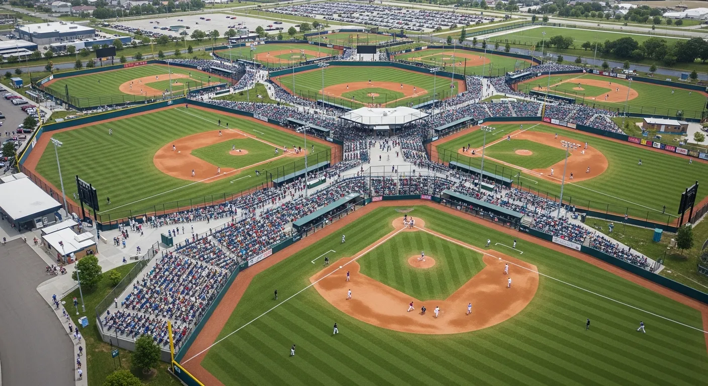 A bird's eye view of multiple baseball diamonds and fields at a large sports complex, showing several games happening simultaneously across different fields. The scene includes organized tournament activity with teams, dugouts, and spectators. Modern, clean illustration style with a professional sports facility atmosphere. Bright daylight, well-maintained fields with clear baselines and outfields, parking areas visible in the background.
