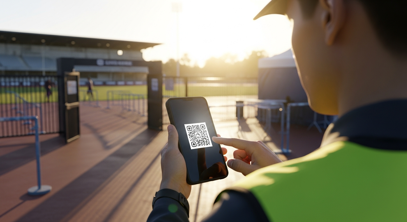 A volunteer at an outdoor sports event testing a QR code scanner on a mobile device in bright morning sunlight. The volunteer is holding a smartphone or tablet, attempting to scan a QR code while standing in direct sunlight that creates glare on the screen. Background shows a field complex with gates and setup areas. The scene captures the challenge of outdoor lighting conditions on technology. Realistic style, outdoor sports venue setting, early morning light.