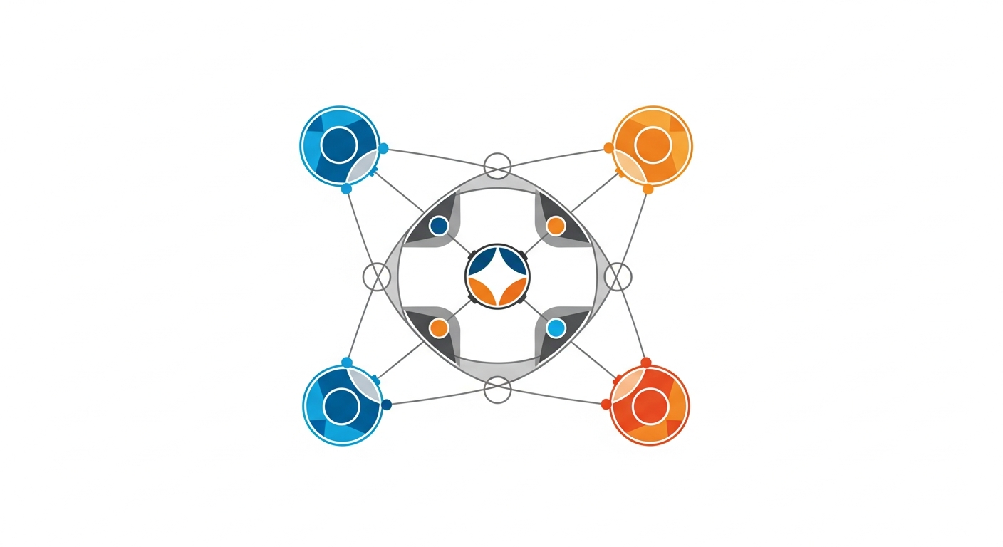 A clean, professional diagram showing a round-robin pool play tournament structure with four teams in a circular arrangement. Each team is represented by a colored circle or geometric shape, with lines connecting every team to every other team to show they all play each other. Use a modern color scheme with blue, orange, and gray tones. The layout should be symmetrical and easy to understand, showing the interconnected nature of pool play where everyone plays everyone. No text or labels needed, purely visual representation of the round-robin format.