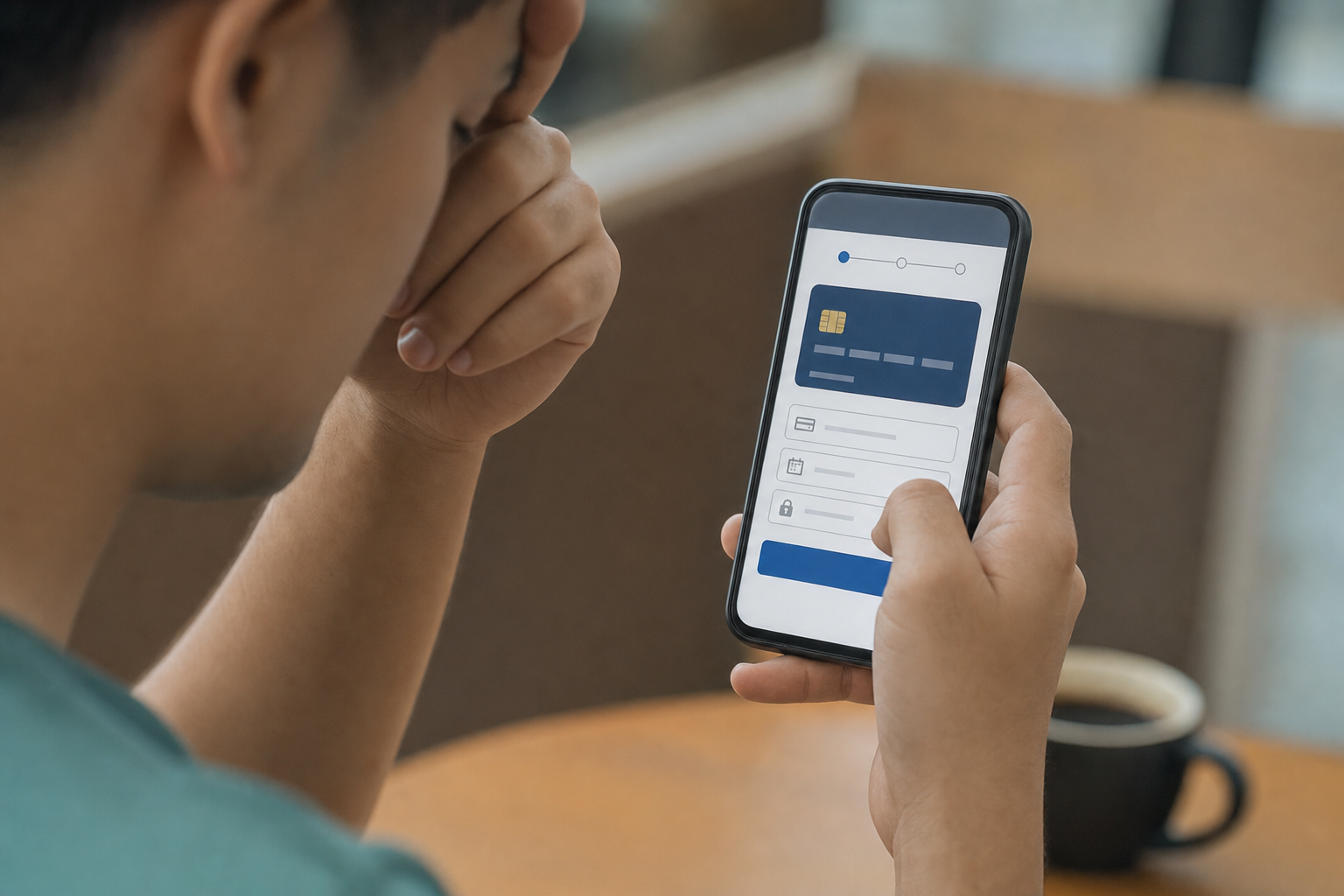 A close-up view of hands holding a smartphone displaying a mobile payment checkout screen. The person looks slightly frustrated as they attempt to complete a transaction. The phone screen shows a generic payment interface with credit card fields and a checkout button. The setting suggests someone trying to complete a registration payment on their phone in a casual environment. Realistic style, natural lighting, focus on the mobile payment experience and the challenge of completing checkout on a small screen.