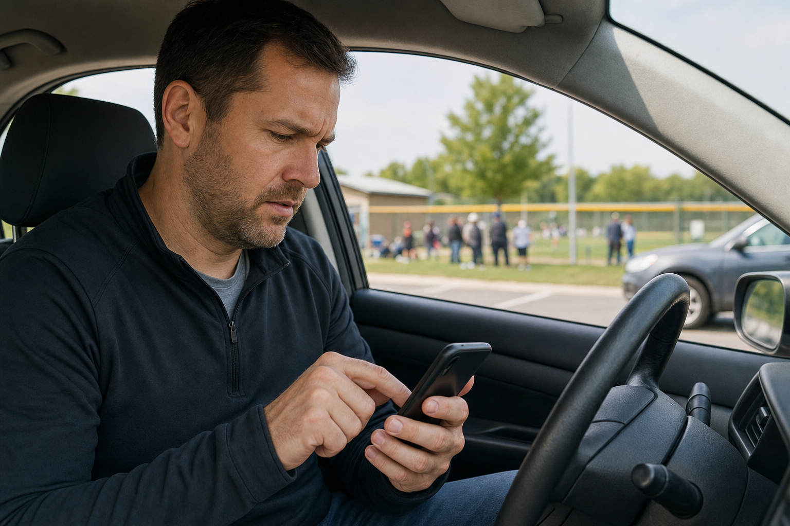A parent or coach sitting in a car in a parking lot, holding a smartphone and attempting to fill out a registration form on the mobile screen. The person looks slightly frustrated as they try to navigate a complex form on the small screen. The setting shows a youth sports field or facility in the background through the car window. Natural lighting, realistic style, showing the challenge of mobile form completion in real-world conditions.