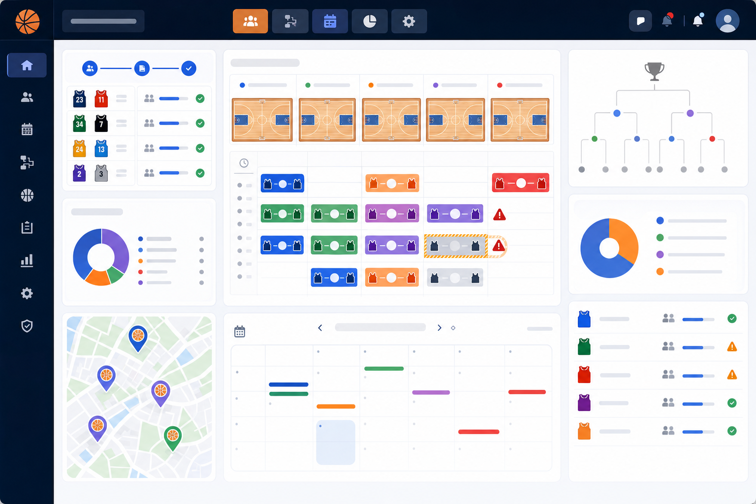 Modern sports tournament management software dashboard showing automated scheduling interface with multiple basketball court assignments, bracket generation tools, team registration data flowing into schedule builder, clean organized layout with calendar views and conflict detection indicators, professional UI design with basketball tournament context, no text or words visible