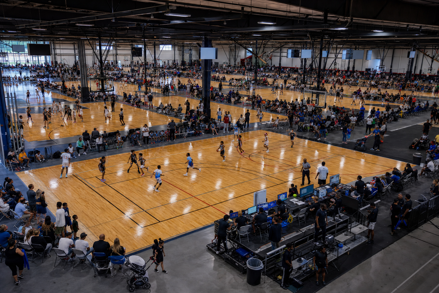 A busy basketball tournament operations center showing multiple courts in a large sports facility, with various age groups playing simultaneously, referees coordinating between courts, scoreboards displaying different game times, and facility staff managing the complex logistics of a multi-court youth basketball tournament weekend, aerial perspective, professional sports photography style