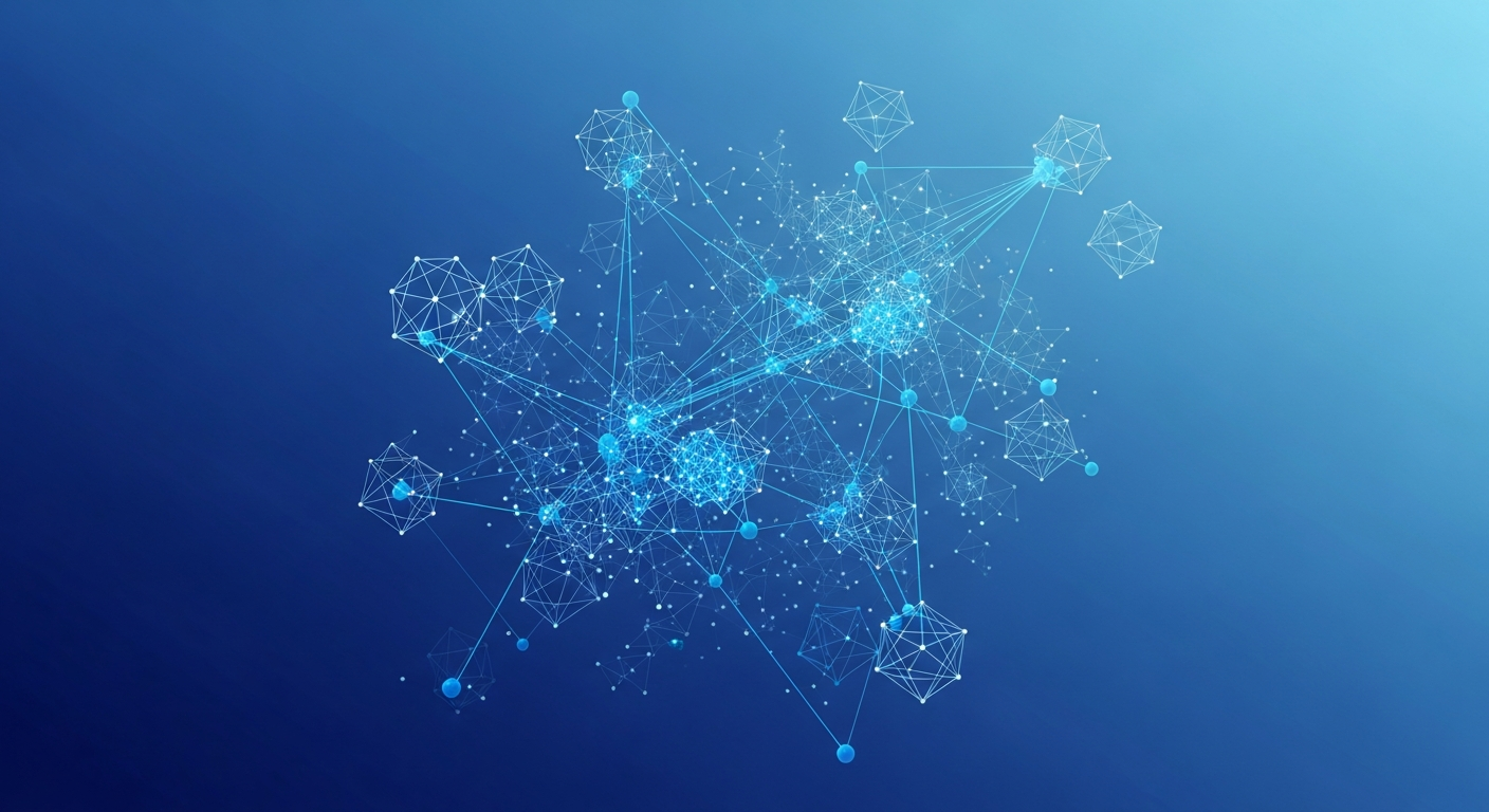 A clean, modern abstract visualization of mathematical optimization and constraint-based scheduling. Show a three-dimensional network of interconnected nodes and lines representing variables and constraints, with some paths highlighted in blue to show optimal solutions. Include geometric shapes like spheres and connecting lines that suggest a complex problem space being solved. The style should be technical but accessible, with a gradient background from deep blue to light blue, suggesting computational intelligence at work.