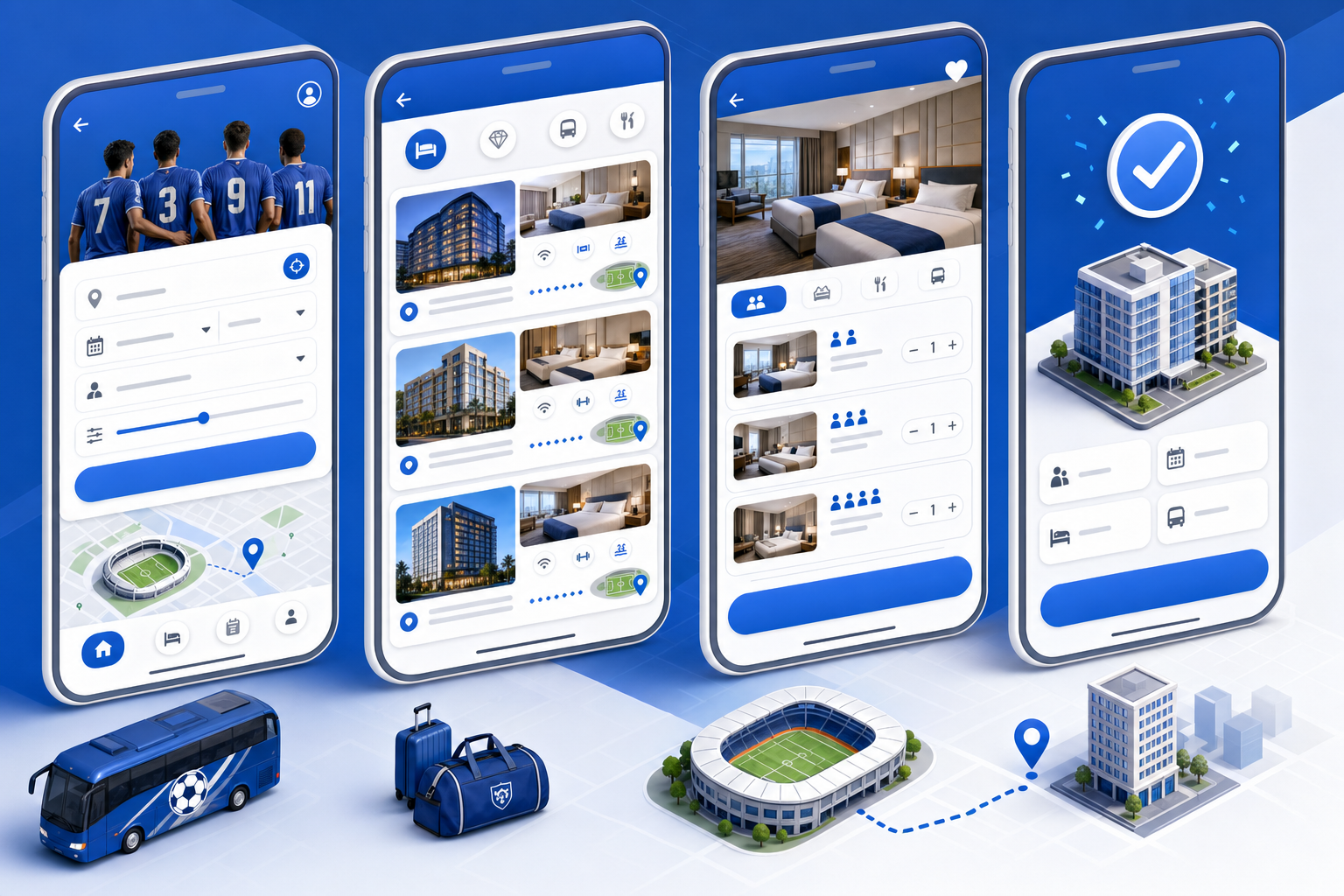 Modern mobile app interface showing hotel booking workflow for sports teams, clean UI design with search filters, hotel listings with room details and venue proximity indicators, booking confirmation flow, professional sports travel technology illustration, blue and white color scheme, isometric perspective, no text or letters