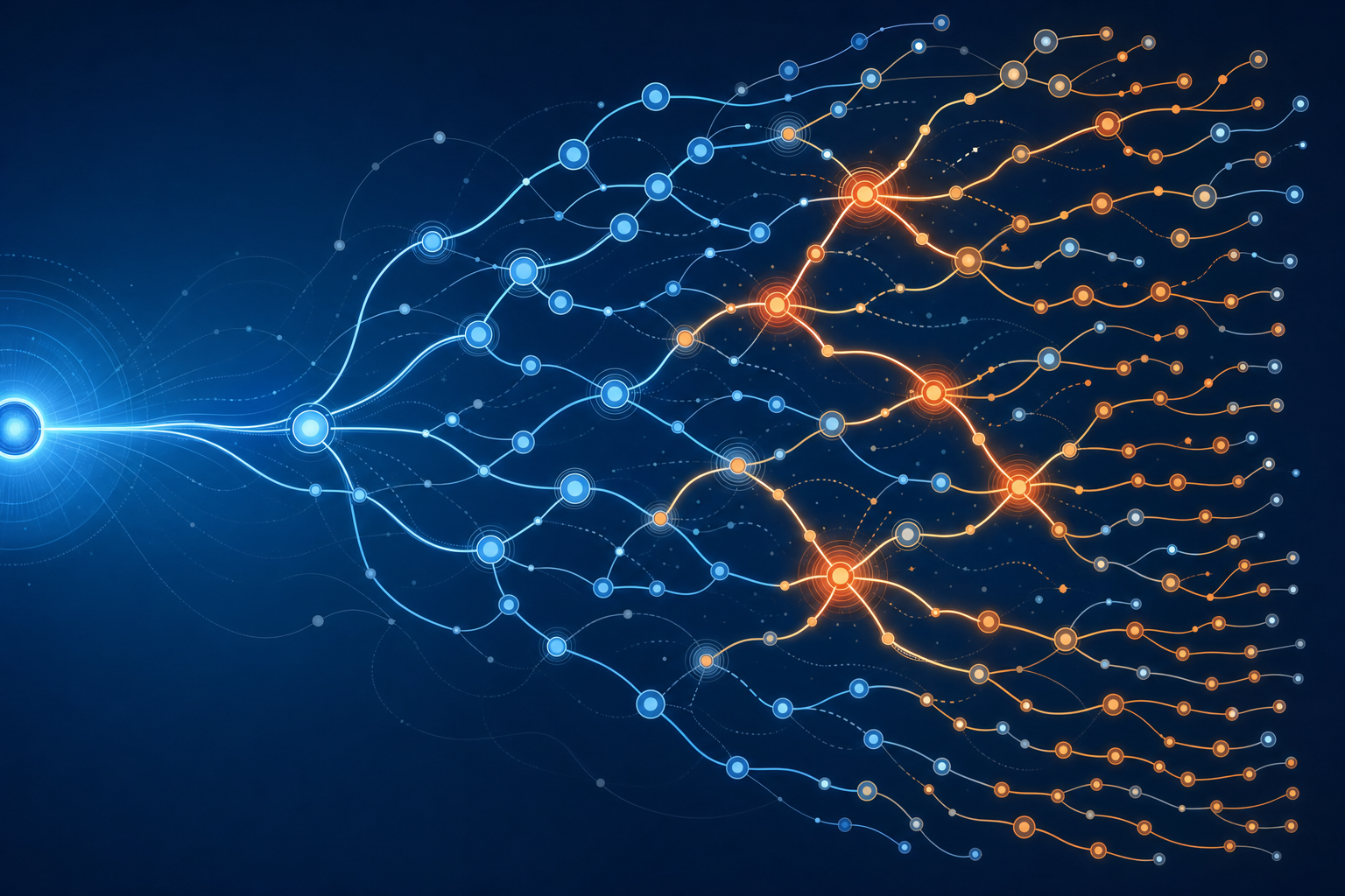 A complex web or network diagram showing interconnected nodes and cascading chain reactions, with branching pathways that multiply and spread outward, representing how one change triggers multiple downstream effects. The style should be modern, clean, and slightly abstract, using connecting lines, nodes, and flow patterns to visualize complexity and dependencies. Color palette of blues and oranges to show conflict points. No text or letters.