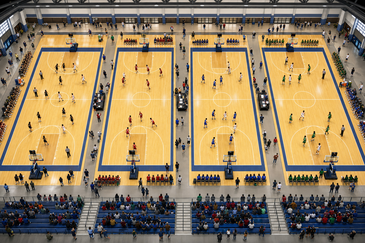 A bird's eye view illustration of a basketball tournament in action, showing four indoor basketball courts side by side in a large gymnasium facility, with games being played simultaneously on each court, teams waiting on sidelines, referees positioned on courts, and a subtle sense of coordinated movement and organization across the space, modern clean illustration style, bright gymnasium lighting