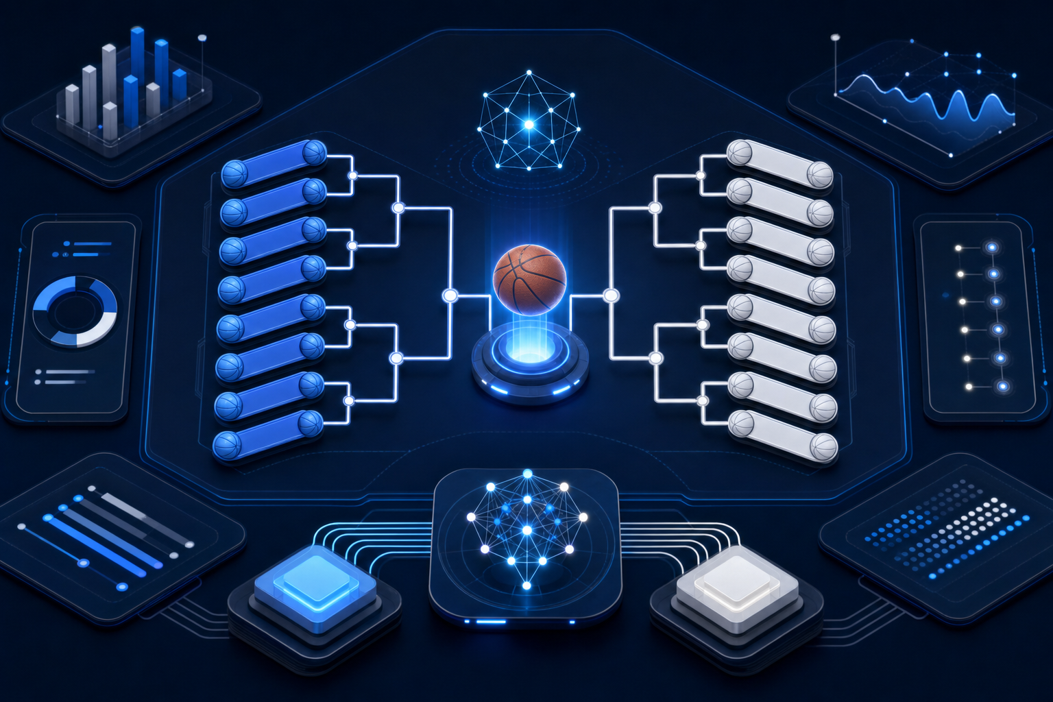 Modern digital interface showing basketball tournament bracket generation, with abstract geometric connections between team slots, balanced divisions represented by symmetrical node networks, and clean data visualization elements suggesting automated scheduling algorithms. Professional sports technology aesthetic with blue and white color scheme, isometric perspective, no text or letters.