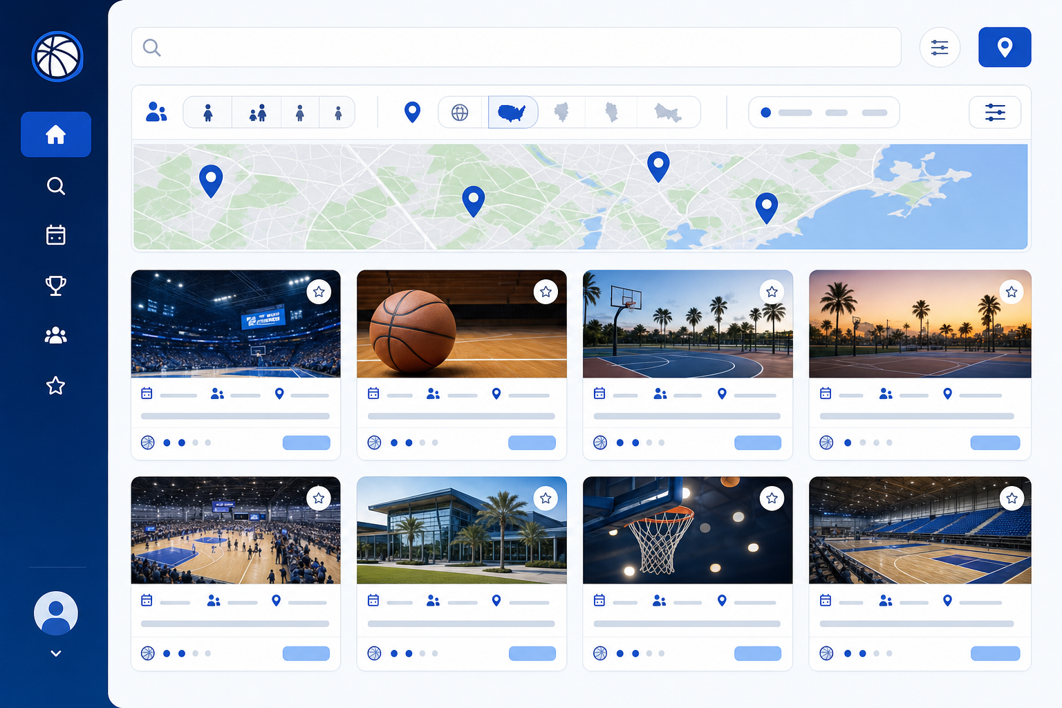 Modern digital event discovery interface showing basketball tournament listings in a clean directory layout, with filter options for age groups and regions, search functionality, and tournament cards displaying key event information. Professional sports technology aesthetic with organized grid layout, blue and white color scheme, abstract representations of tournaments as cards or tiles, map pins suggesting geographic search, no text or letters visible.
