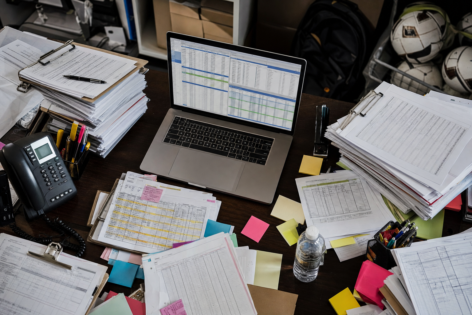 A busy tournament director's desk covered with stacks of paper registration forms, clipboards, scattered spreadsheets, sticky notes, a laptop showing multiple spreadsheet tabs, and a ringing phone. The scene conveys organizational chaos and administrative overwhelm in youth sports tournament management. Overhead view, realistic photography style, dramatic lighting showing the stress of manual processes.