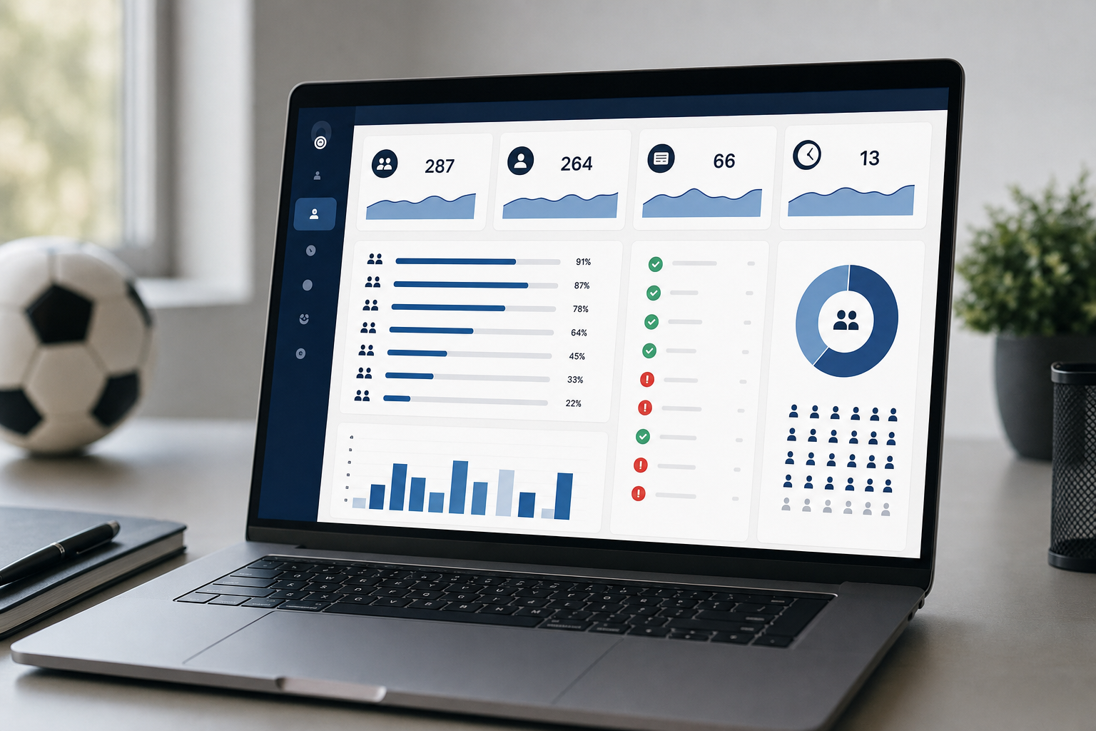 A modern sports club management dashboard displayed on a laptop screen showing live registration data: clean interface with real-time player count metrics, age group fill rates shown as progress bars, payment status indicators with green checkmarks and red alerts, and roster completeness visualizations. The dashboard has a professional dark blue and white color scheme with data cards and charts. Shot from a slight angle showing the laptop on a clean desk with soft natural lighting from a window, shallow depth of field, photorealistic style.