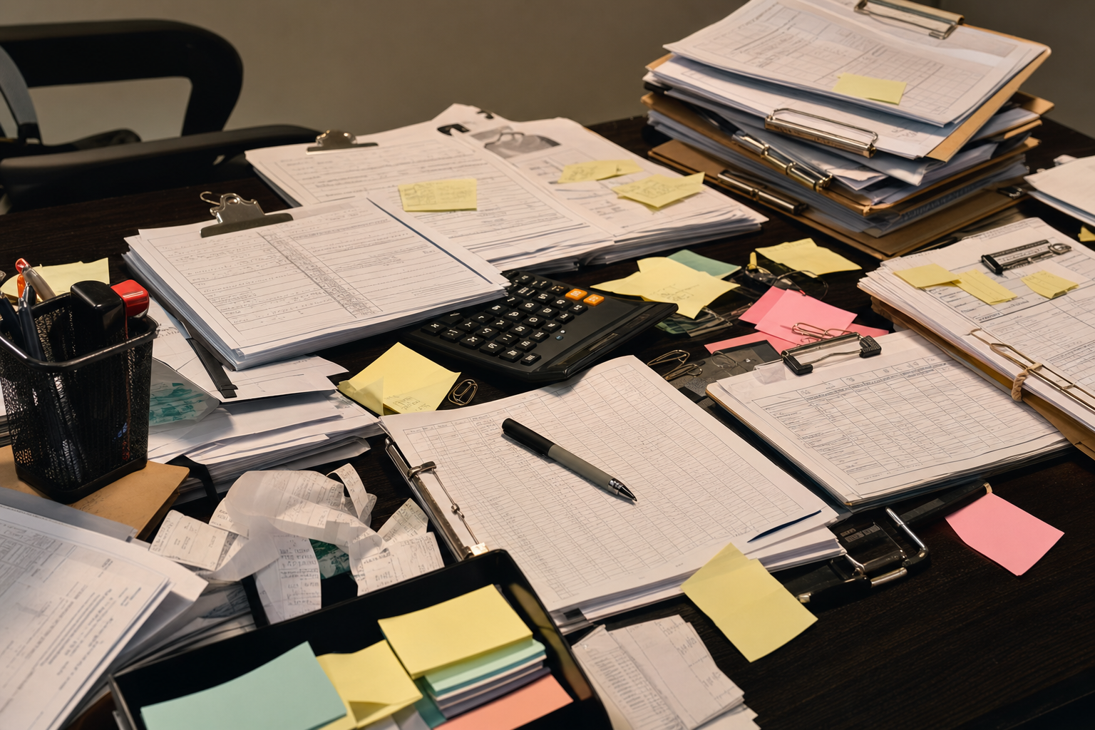 A cluttered desk scene showing youth sports club administration chaos: scattered paper registration forms, spreadsheets with handwritten notes, sticky notes everywhere, a calculator, payment receipts, and multiple clipboards stacked messily. The scene should convey administrative overwhelm and manual data entry burden in a realistic office setting. Warm overhead lighting, shallow depth of field, professional photography style.