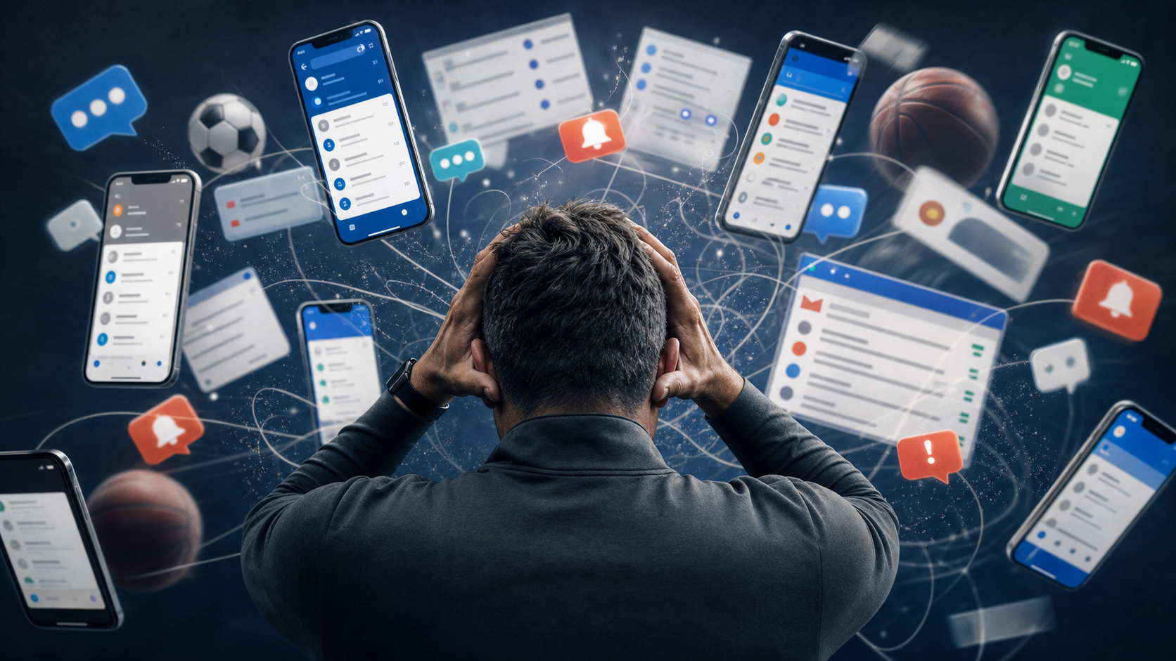 A conceptual illustration showing fragmented communication chaos in youth sports management: multiple overlapping mobile phone screens displaying different messaging apps, email inboxes overflowing with unread messages, scattered text message bubbles, and tangled notification icons, all radiating outward in a disorganized pattern. The composition should convey overwhelm and disconnection, using a modern, clean design style with sports-related subtle accents like soccer balls or basketballs in the background. Color palette should include blues, grays, and accent colors suggesting digital interfaces. No text or words should appear in the image.