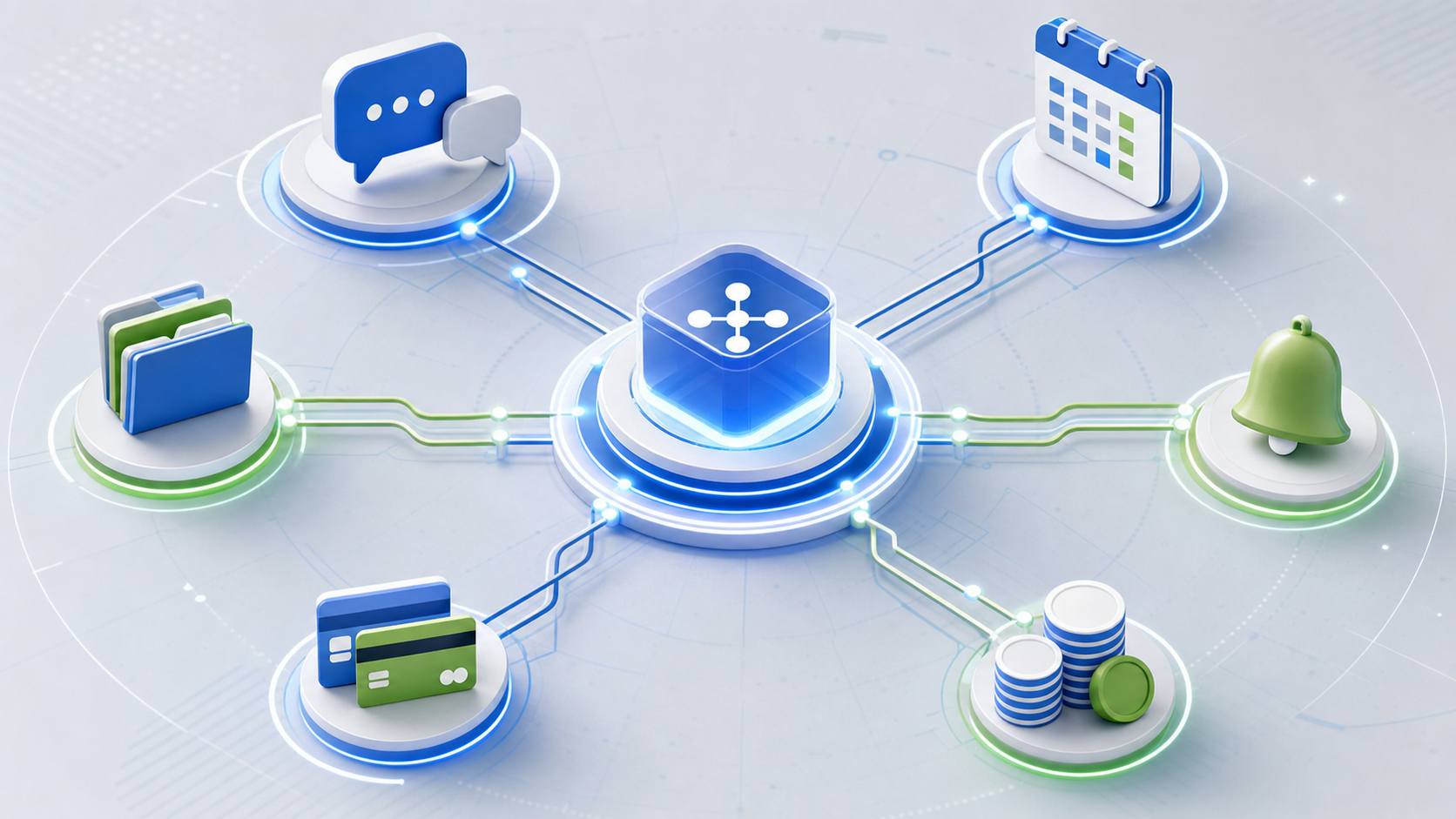 A clean, modern conceptual illustration showing a unified communications system hub at the center with connected nodes radiating outward, representing different components: a messaging icon, a calendar/scheduling symbol, document folders, payment/financial symbols, and notification bells. The design should show these elements interconnected through flowing lines or pathways, suggesting integration and seamless data flow. Use a professional color palette with blues, greens, and clean whites. The style should be minimalist and business-focused, conveying organization and efficiency. No people, no text, no words, or letters should appear in the image.