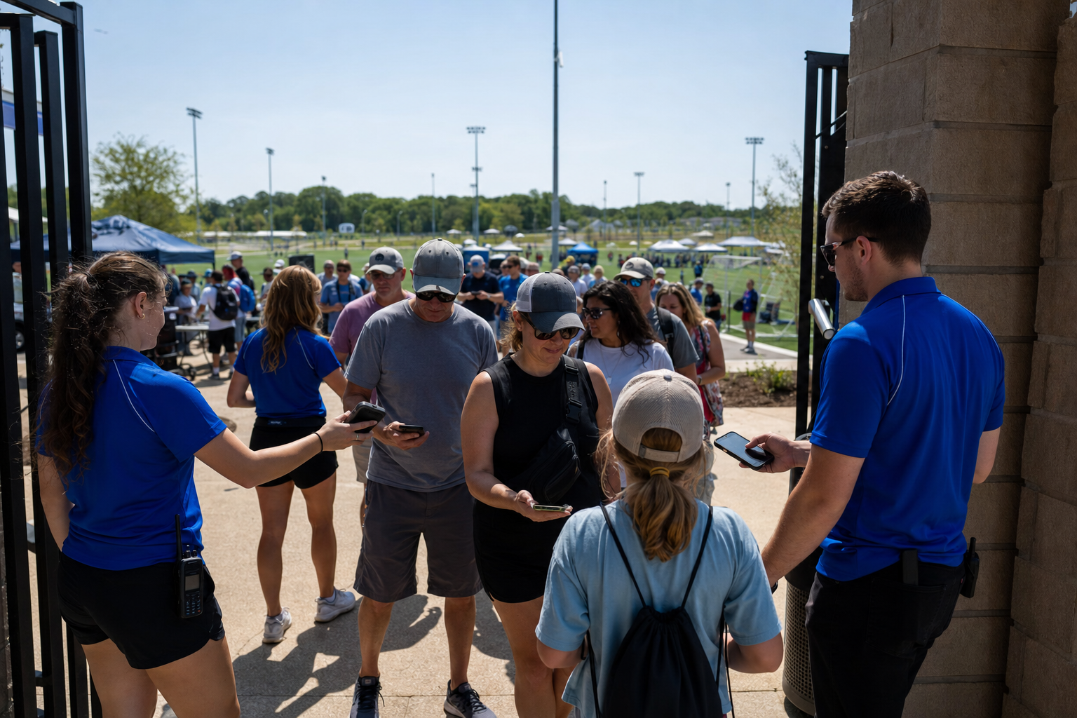 A busy outdoor sports tournament gate entrance at a multi-field complex with staff members holding mobile scanning devices checking attendees. Modern athletic facility with multiple soccer or baseball fields visible in background, people queuing at entrance with smartphones ready, natural daylight, professional sports event atmosphere, realistic photography style